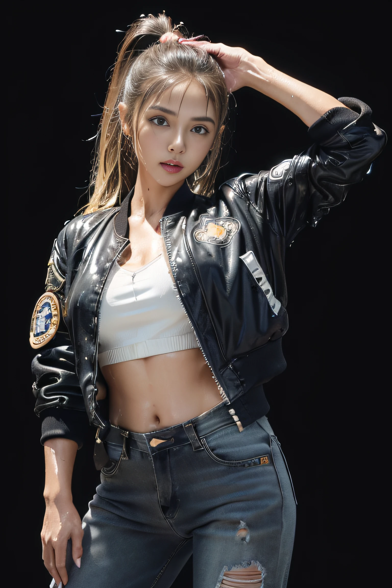 (masterpiece:1.2), (realistic, photo realistic:1.37), (Japanese famous actress:1.7), (gyaru:1.2), flat chest, (brown race, dark skin, blond hair:1.2), ponytail, cinematic lighting, (dynamic Pose), cowboy shot, (hot pants), (wearing black air bomber jacket with many patches:1.3), (splash, waterdrops:1.2), (wet hair, a wet cloth, water drop on the skin:1.3), black background, from behind, nsfw,