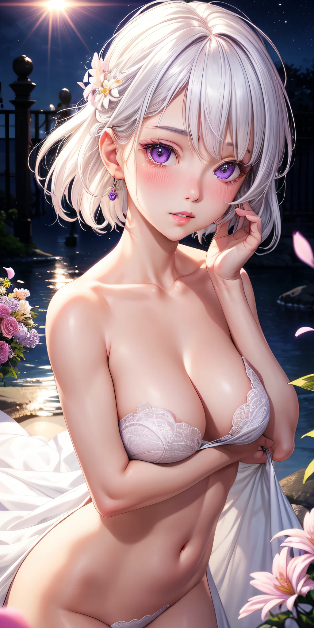 realistic, 1girl, white hair, purple eyes, glowing eyes, without clothes, parted lips, blush, night, flowers, sun, sunlight,