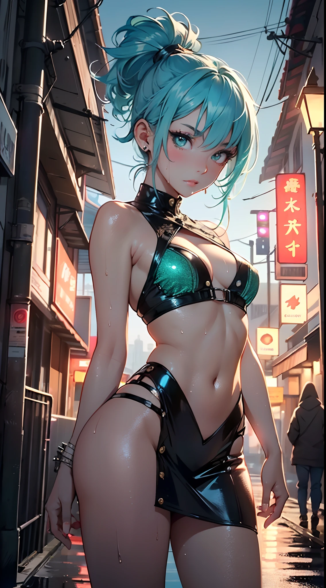 cute li,(((little lotiny body,petite,chibi))),(((6 years old))),((litwith extremely beautiful aqua hair)),(baby face), (round face)
(((flat ch(aqua hair:1.5,long aqua hair,ponytail,colored inner hair,ear breathing,))),((heterochromia:1.5, (aqua_eye and yellow_eye))),intricate eyes,beautiful detailed eyes,symmetrical eyes,big eyes:1.5,(((lustrous skin:1.5,bright skin: 1.5,skin tanned,shiny skin,very shiny skin,shiny body,plastic glitter skin,exaggerated shiny skin,illuminated skin,wet legs))),(detailed body,(detailed face)),
cute,slutty,erotic,((nsfw)),
zettai ryouiki,(revealing clothing,show skin),((sideboob)),(barefoot,),(((breast curtain,low rise mini skirt,high cut thong))),((wet clothes,intricate outfit,intricate clothes)),
(dynamic pose:1.0),solo focus,embarrassed,(centered,scale to fit dimensions,Rule of thirds),
cyberpunk city by the ocean at night, with bright neon signs and dark stormy clouds and puddles, scenery:1.25,
artistic photography,(photography taken by sldr),highres, sharp focus, (ultra detailed, extremely detailed), (photorealistic artwork:1.37),(extremely detailed CG unity 8k wallpaper),((synthwave background theme)),(((vibrant colors))),(intricate background),(masterpiece),(best quality),