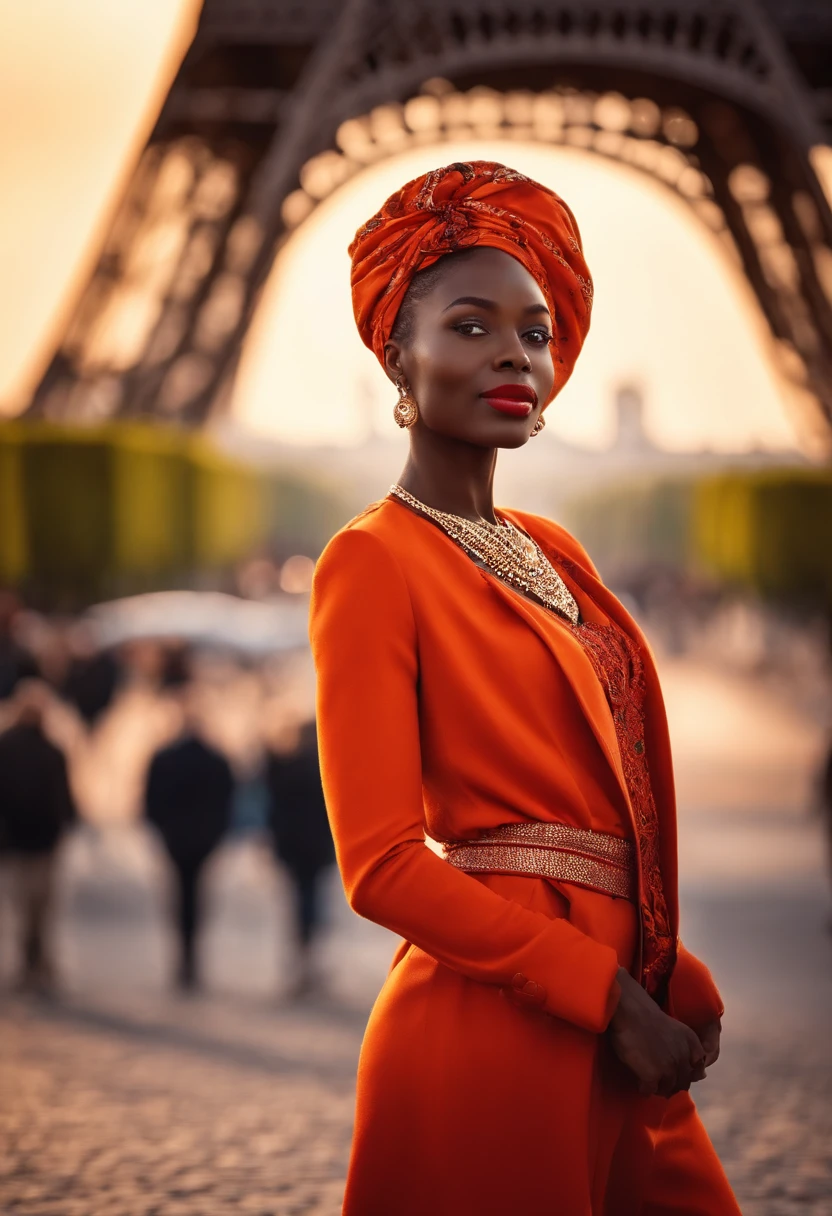 Imagine a 25-year-old woman with dark skin, d'origine africaine, this time in Paris, en France, debout devant la Tour Eiffel, wearing an elegant Parisian outfit. She captures the magic of the City of Light with a radiant smile