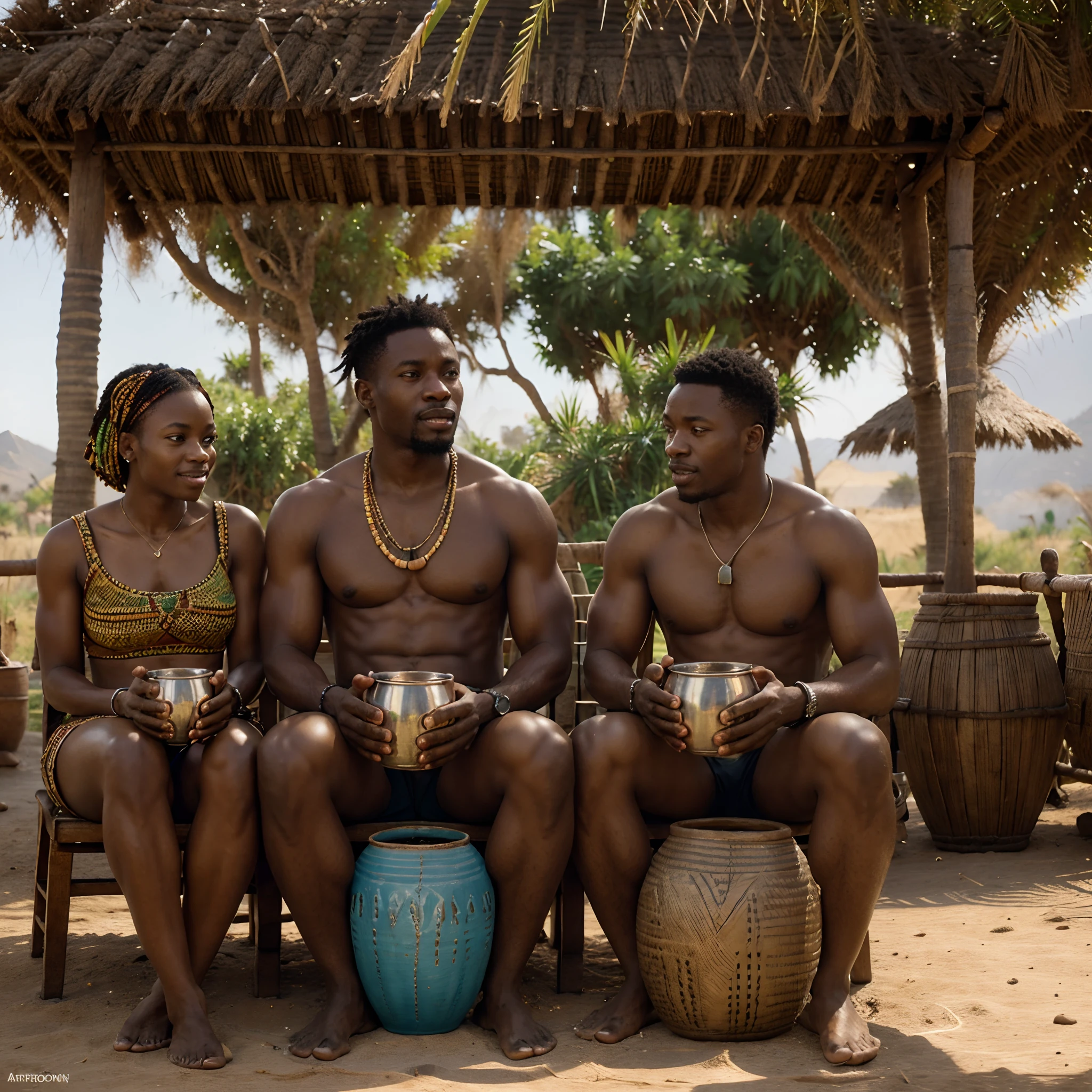 Happy african men sitting around a big pot drinking from it with straws, african village setting, cinematic lighting, artgerm style, 32k, ultra HD, unreal engine rendered, sunrise shining, with iridescent light,