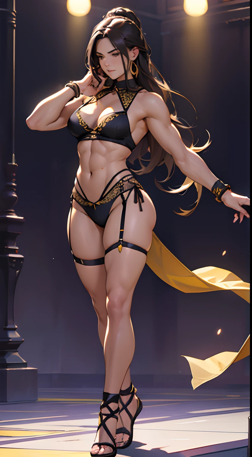 Beautiful woman , very long hair , dark brown hair , black eyes , athletic body , show abs, show legs, yellow under hair , age 26

Wearing a back lingerie, purple and gold trim , black straps, sleeveless , ???? , full body view, light purple accessories , ?????