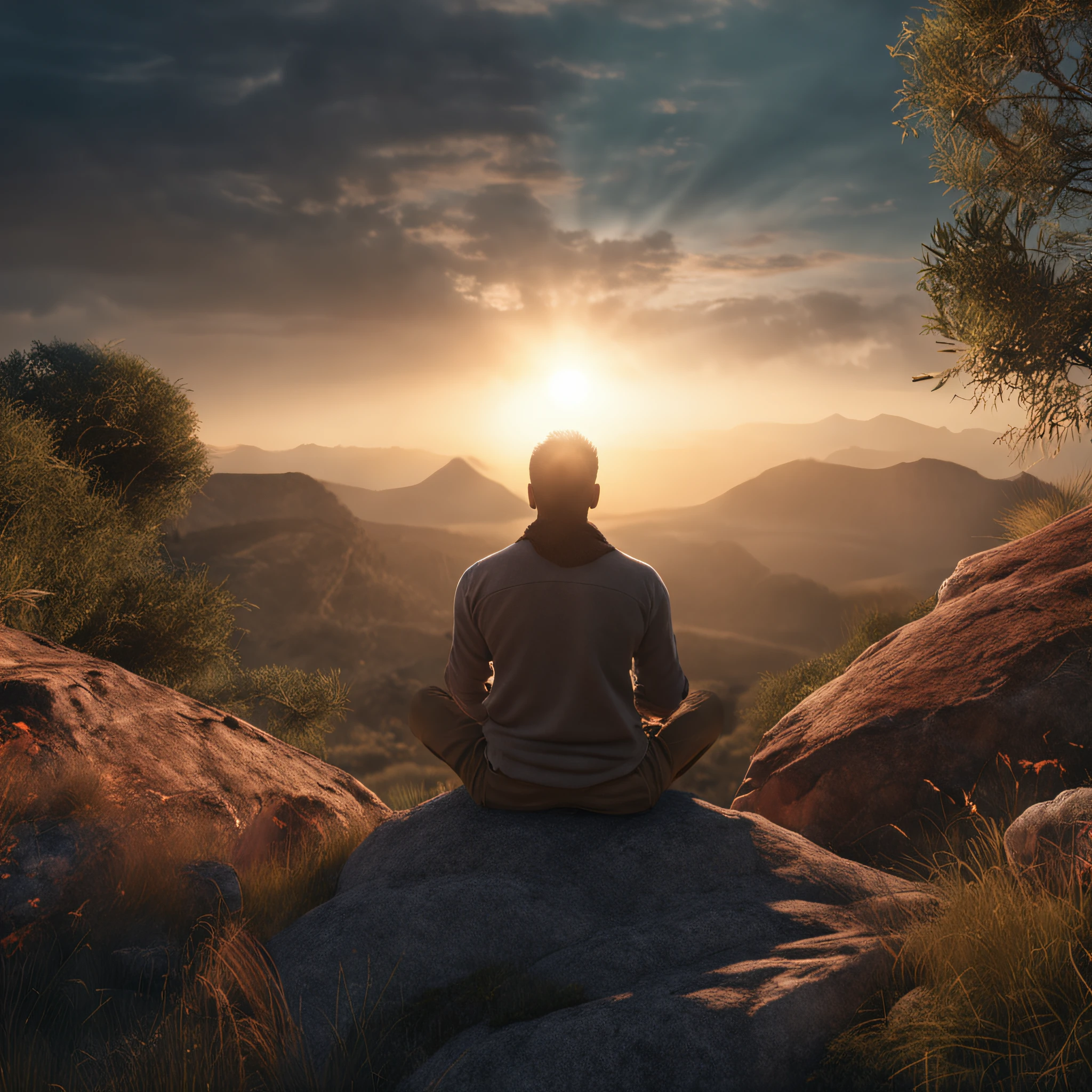 Mature man sitting in meditation position, contemplando um horizonte lindo com o sol se pondo, Man is in deep connection with the divine, The landscape is ultra detailed, homem ultra realista, tudo bem detalhado e lindo, ultra qualidade. 8k de realismo