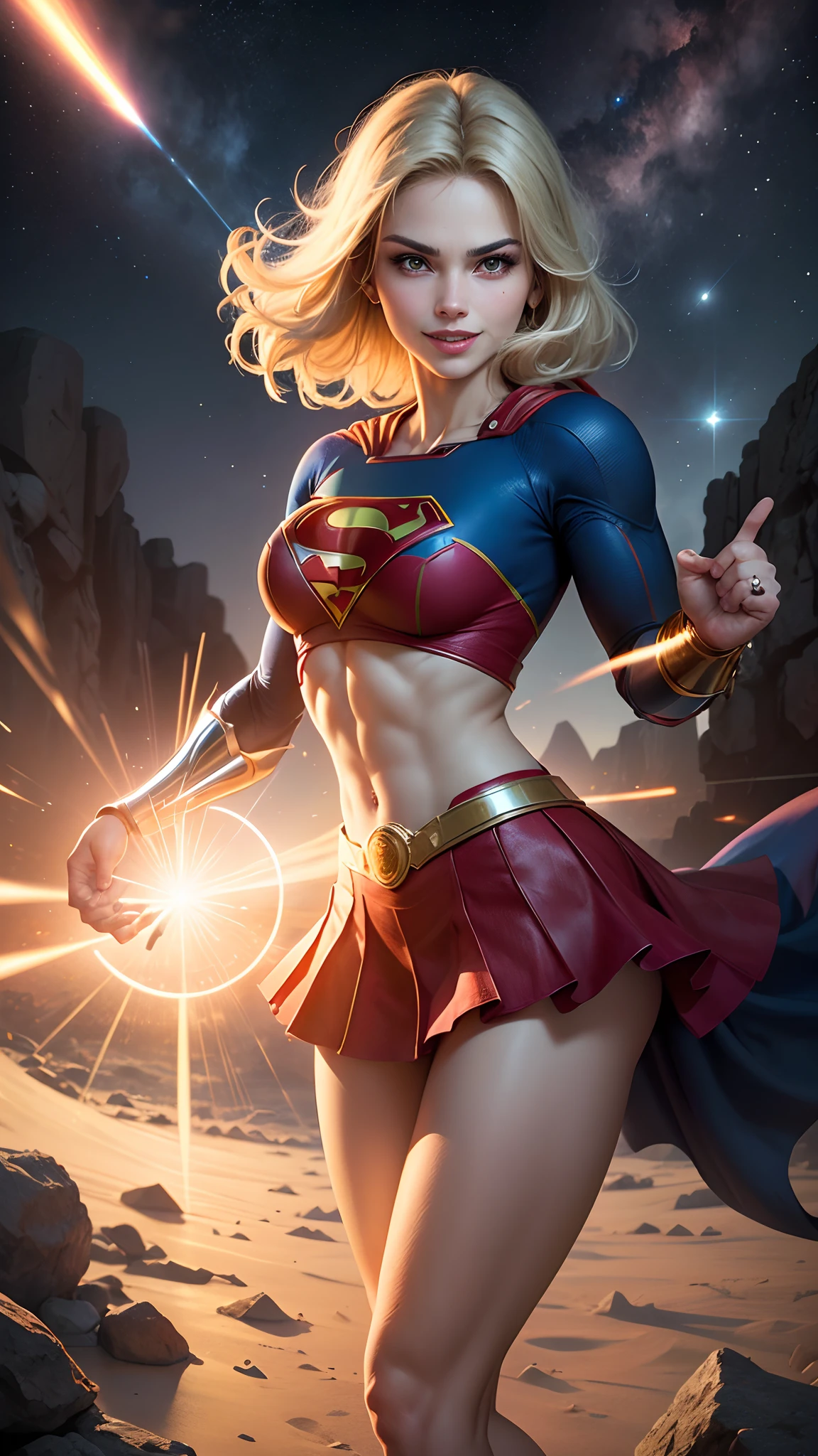 ((whole body view)), (SUPERGIRL is in outer space), (Lifting a large asteroid with your hands), (Complete DC Comics Superheroine), fora, highlights your muscles and scars. The scenery is lush and mysterious, com galaxias ao seu redor. The camera details everything. ((ela tem cabelo loiro, ela tem cabelo comprido)), (Ela tem um sorriso confiante, Pose heroica), ( His attitude is fearless), ( Ela tem uma personalidade arrogante).