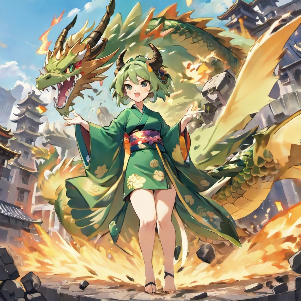 (master piece),
(Best Quality),
(detail portrayal),
(Anime style),
((One giant dragon girl is using her hands to destroy a miniature city:1.4)),
((There are a lot of destroyed miniature tanks at her feet:1.4)),
(独奏:1.1), is standing,
(Dynamic depiction:1.1),
((Wearing a dark green kimono and panties visible:1.4)),
((She has one very large tail and horns:1.4)),
chubby,