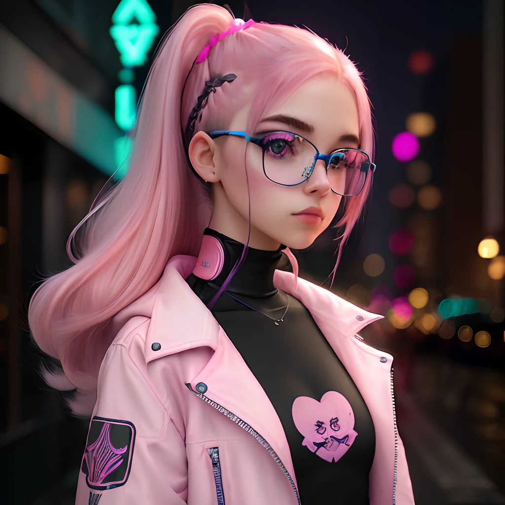 ((melhor qualidade)), ((obra-prima)), ((realista)) and ultra-detailed photography of a nerdy girl in gothic and neon colors. Ela tem ((cabelo pink)), usa uma jaqueta techwear e exala uma vibe ((Beautiful and Aesthetic)),