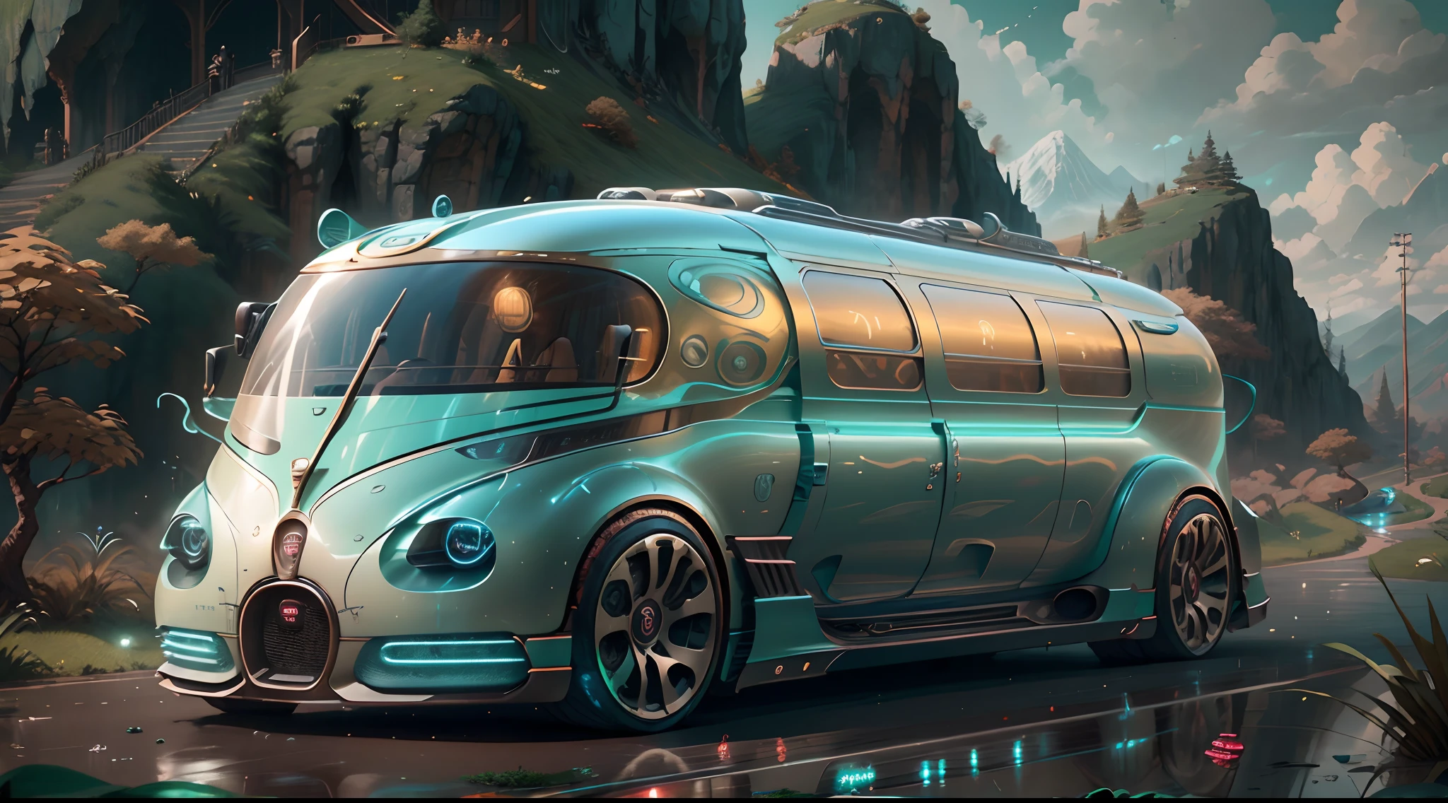 tmasterpiece，超高分辨率，photograph realistic：1.4， A detailed，[A futuristic(Bugatti AI:Campervan),Colorful LED lights,Smooth curves,(streamlined line design)]。cozily, camping, vivd colour, Reflection,(Surrounded by nature),(lush landscape)。concept-art, best qualtiy，