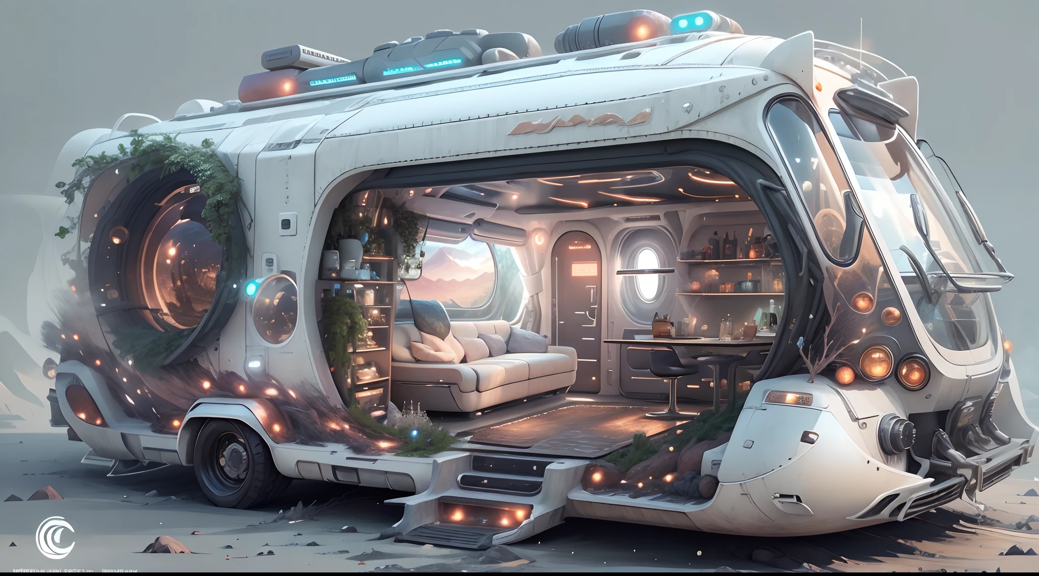 tmasterpiece，超高分辨率，photograph realistic：1.4， A detailed，[A futuristic(LunarPunkAI:Campervan),Colorful LED lights,Smooth curves,(streamlined line design)]。cozily, camping, vivd colour, Reflection,(Surrounded by nature),(lush landscape)。concept-art, best qualtiy，