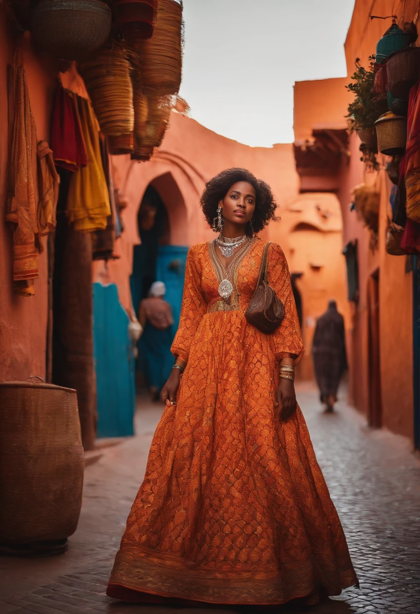 Generate an image of a 25-year-old woman of African descent in the colorful alleys of Marrakech, Dressed in a beautiful traditional Moroccan dress. It explores the bustling souks of the medina.