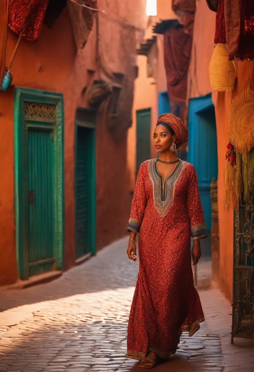 Generate an image of a 25-year-old woman of African descent in the colorful alleys of Marrakech, Dressed in a beautiful traditional Moroccan dress. It explores the bustling souks of the medina.