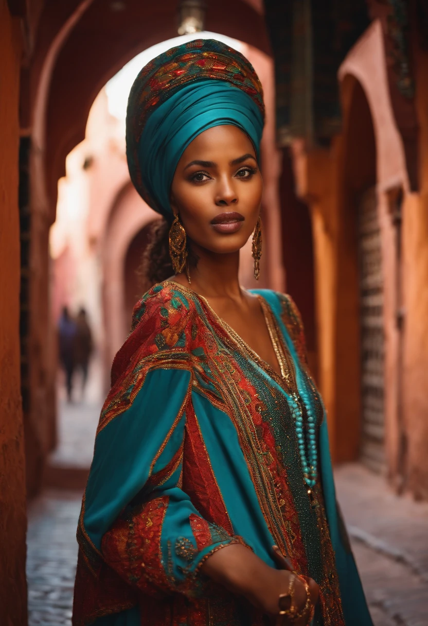 Generate an image of a 25-year-old woman of African descent in the colorful alleys of Marrakech, Dressed in a beautiful traditional Moroccan dress. It explores the bustling souks of the medina.