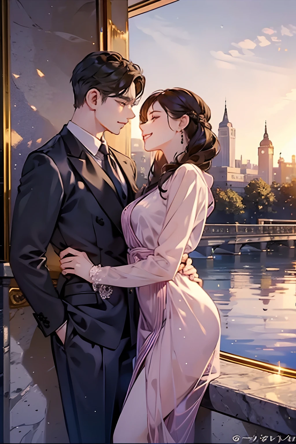 masuter piece、12K resolution、Clear depiction down to the smallest detail、The background of the cover of a romance novel is a luxury hotel by the river. One male and one female couple、A man is full of confidence、Woman smiles
