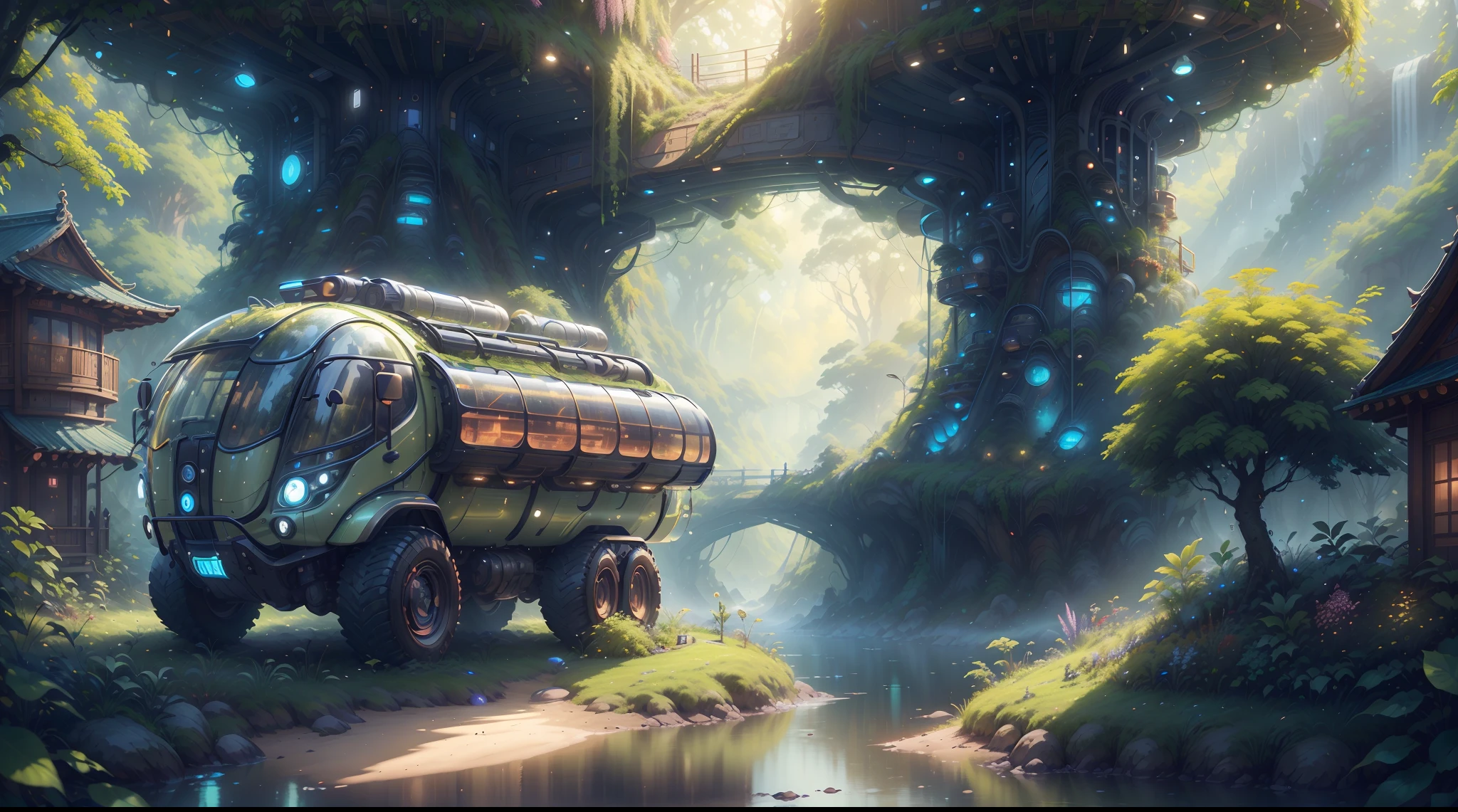 tmasterpiece，超高分辨率，photograph realistic：1.4， ultra-detailliert，[A futuristic(SolarpunkAI:Campervan),Colorful LED lights,Smooth curves,(streamlined line design)]。cozily, camping, vivd colour, Reflection,Surrounded by nature,lush landscape。concept-art, best qualtiy，