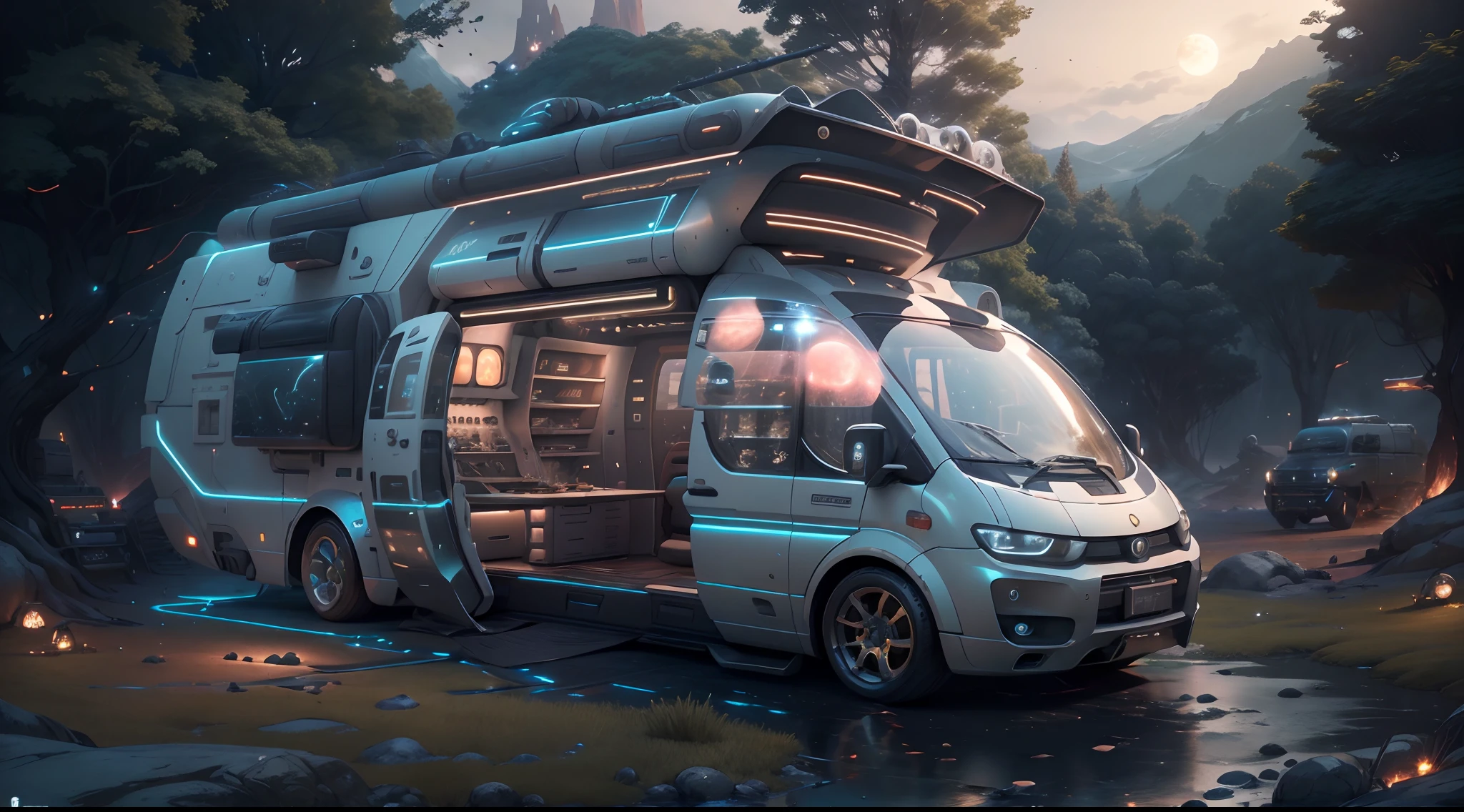 LunarPunkAI masterpiece，超高分辨率，photograph realistic：1.4， A detailed，A futuristic(LunarPunkAII:Campervan),Colorful LED lights,Smooth curves,(streamlined line design)。cozily, camping, vivd colour, Reflection,Surrounded by nature,lush landscape。concept-art, best qualtiy，