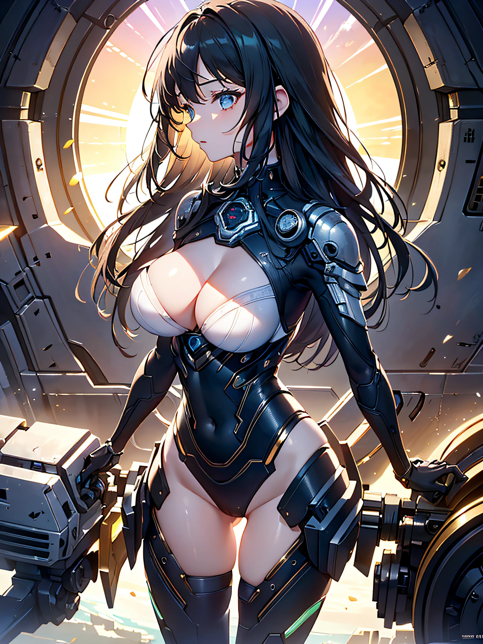 Extremely beautiful girl in profile, crouching with her back to the viewer, half-cyborg body, holding her hair, long hair, Mechanized eyes, Gears, Perfect breasts, big ass, {extremely detailed 8k CG unit wallpaper}, landscape photography expansive, (a view from above with focus on the character and setting), (wide open field view), (high angle shot), (high light: 1.4), (low light: 1.3), (warm light source : 1.2), Intricate details, (iridescent colors: 1.2), (bright lighting), (atmospheric lighting), Surreal, Mechanical, dreamy, sensual