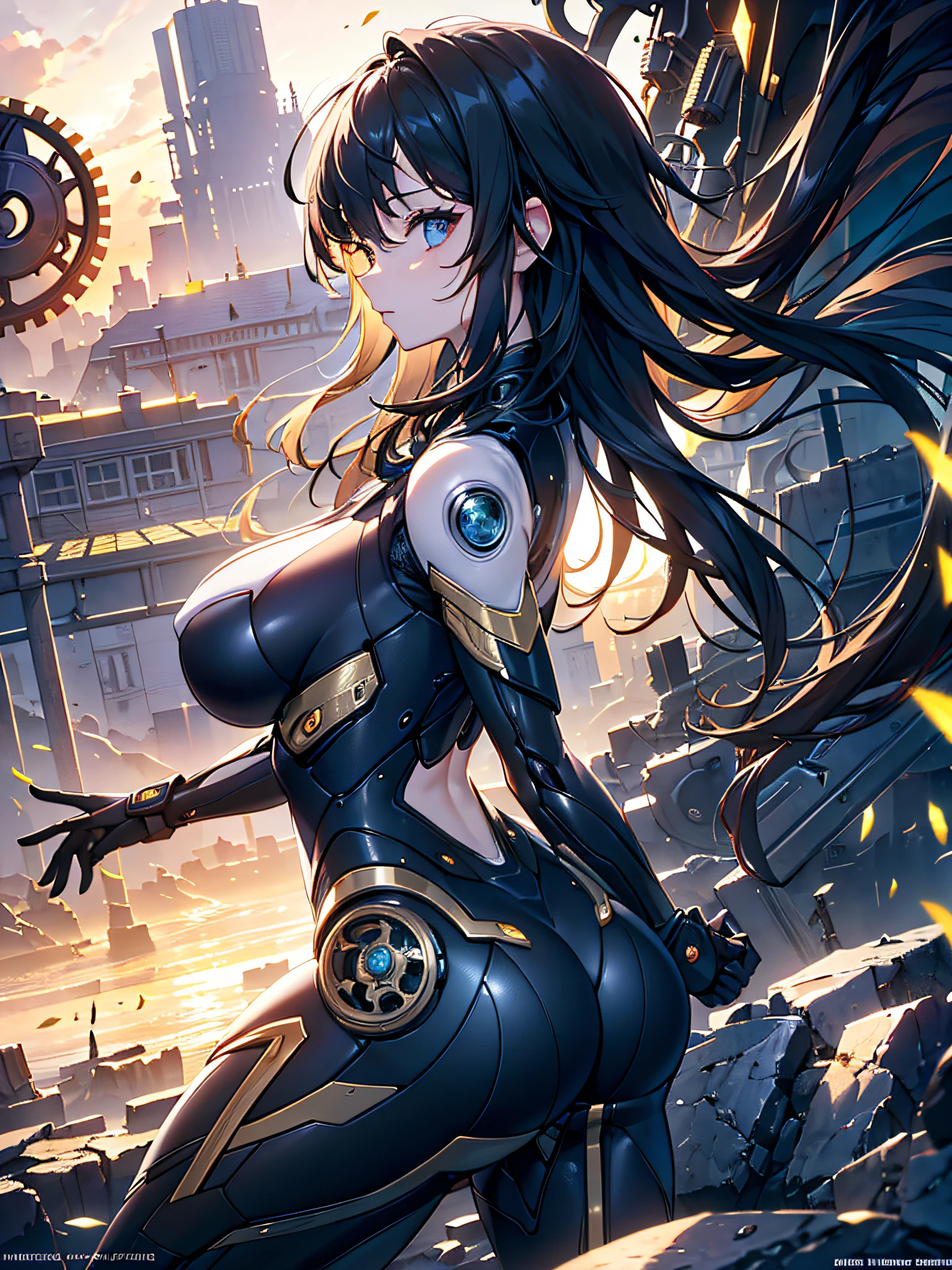 Extremely beautiful girl in profile, crouching with her back to the viewer, half-cyborg body, holding her hair, long hair, Mechanized eyes, Gears, Perfect breasts, big ass, {extremely detailed 8k CG unit wallpaper}, landscape photography expansive, (a view from above with focus on the character and setting), (wide open field view), (high angle shot), (high light: 1.4), (low light: 1.3), (warm light source : 1.2), Intricate details, (iridescent colors: 1.2), (bright lighting), (atmospheric lighting), Surreal, Mechanical, dreamy, sensual