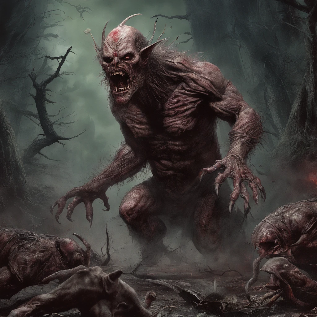 A grim digital matte painting of a demonic creature with a bloodied face and a bloodied head, in an epic battle, pure carnage, destruction, cosmic horror story, creative entropy, ominously detailed, eerie and macabre, Sci fi Horror Art of Fiction, Science fiction horror artwork, inspired by frank frazetta, make mignola, Simon Bisley, Moebius, Dan hillier, Scott adams, Wayne Barlow and max Ernst, david finch, alternative comic art style, concept art, venin, Art fantastique et horreur, Detailed illustration of 4K horror, Demonic creature, Dark Fantasy Horror Art, occult art, album art, foreboding colours,