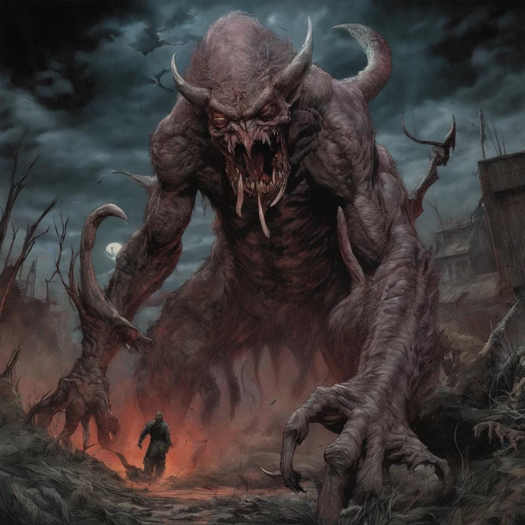 A grim digital matte painting of a demonic creature with a bloodied face and a bloodied head, in an epic battle, pure carnage, destruction, cosmic horror story, creative entropy, ominously detailed, eerie and macabre, Sci fi Horror Art of Fiction, Science fiction horror artwork, inspired by frank frazetta, make mignola, Simon Bisley, Moebius, Dan hillier, Scott adams, Wayne Barlow and max Ernst, david finch, alternative comic art style, concept art, venin, Art fantastique et horreur, Detailed illustration of 4K horror, Demonic creature, Dark Fantasy Horror Art, occult art, album art, foreboding colours,