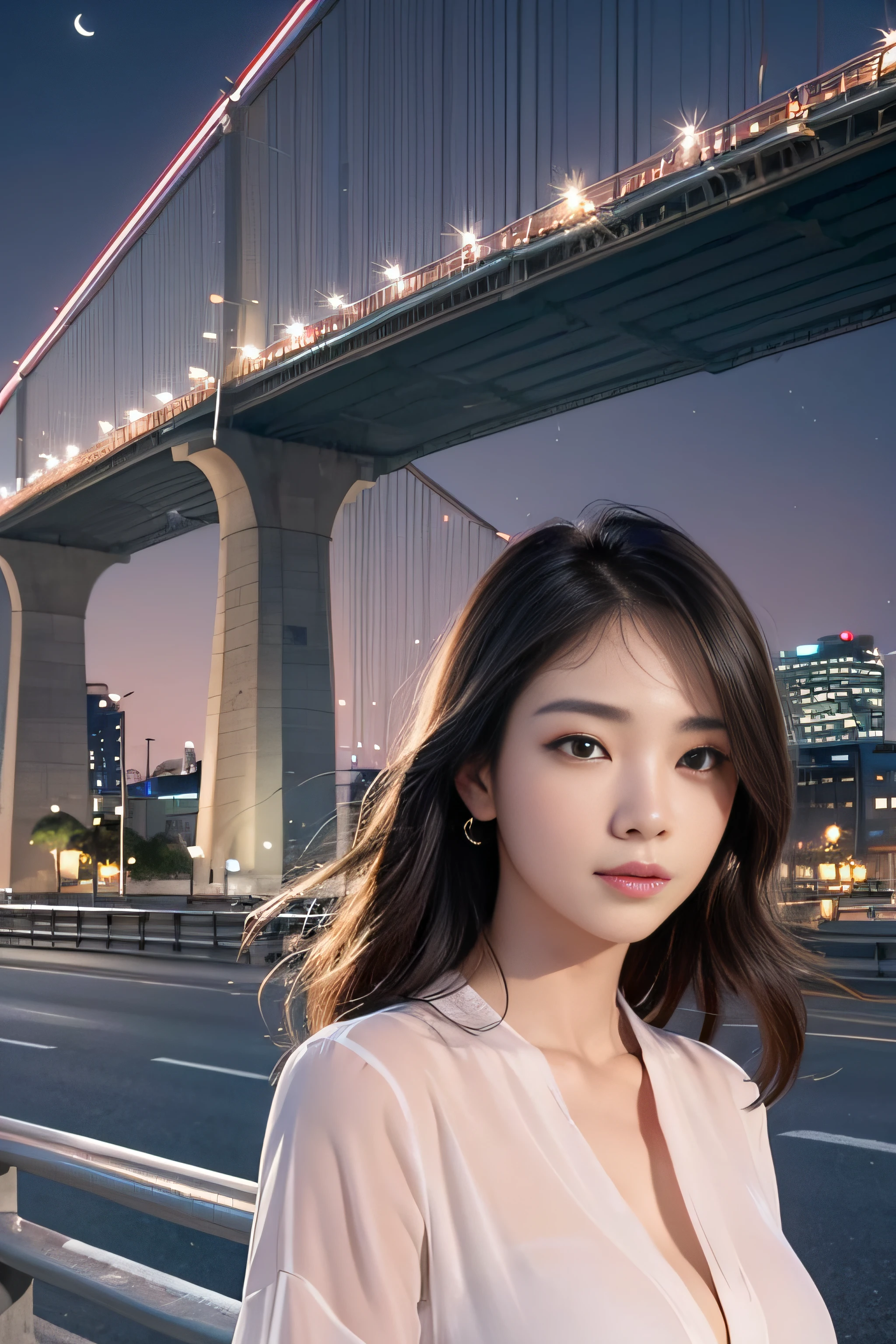 (1womanl)、(Super beautiful)、(beauitful face:1.5)、Stand on a pedestrian bridge、There was a line of cars running on the road under the footbridge、When stopping at a traffic light、Everyone turned red、Cold night breeze、A half-moon was floating right next to the building