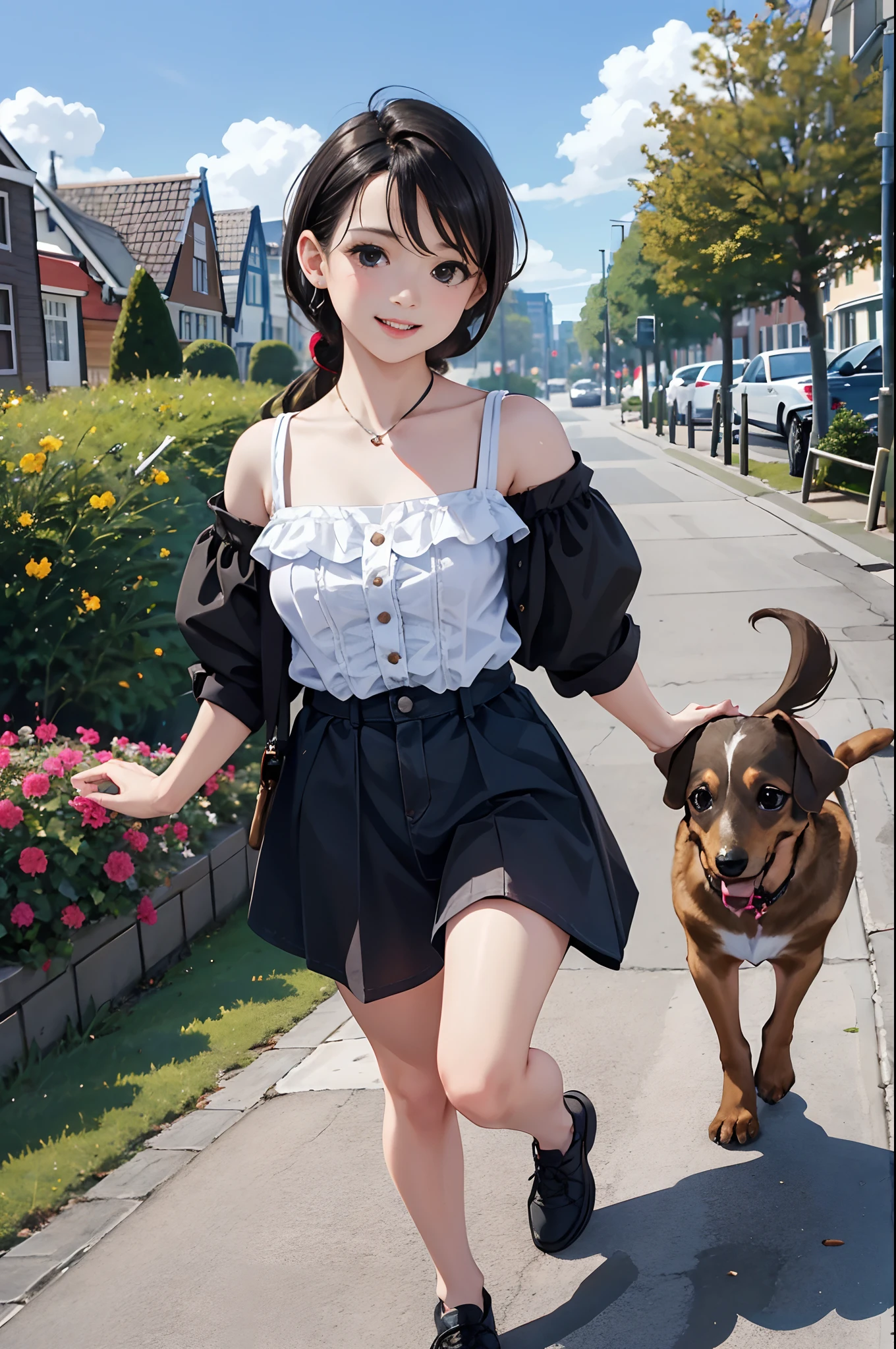 (in 8K, Best Quality, masterpiece:1.1, ultra detailed:1.2), ((realistic:1.3, photo realistic:1.5, dutch angle:1.2)), (1 cute Girl:1.5), ((Fine and beautiful black eyes:1.5)),(28yo),from the front,she is short brown hair,happy smile,(outdoor:1.2,park:1.2),clearsky,Break,she is taking a walk with miniature dachshund:1.5,