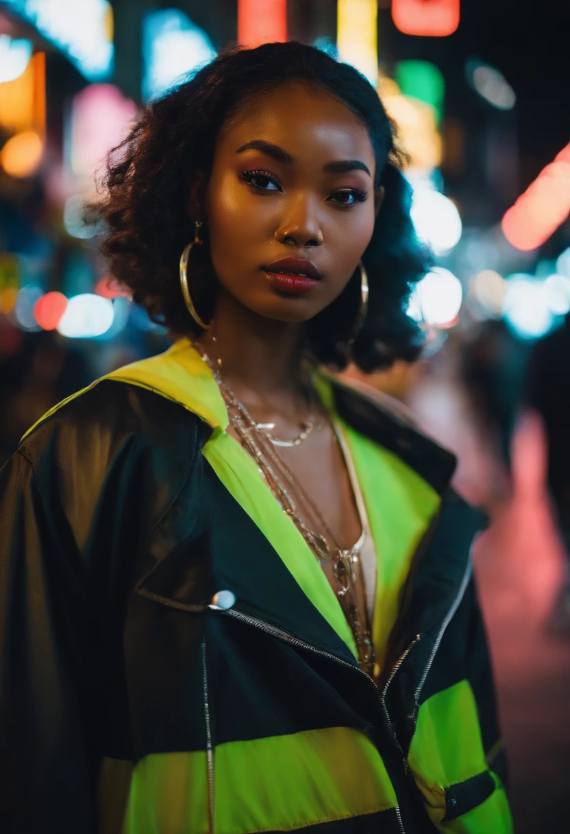 "Create a scene of a 25-year-old woman of African descent in Tokyo, au Japon, Dressed in a trendy streetwear style. She walks through the bustling neighborhoods of Shibuya, Surrounded by neon lights