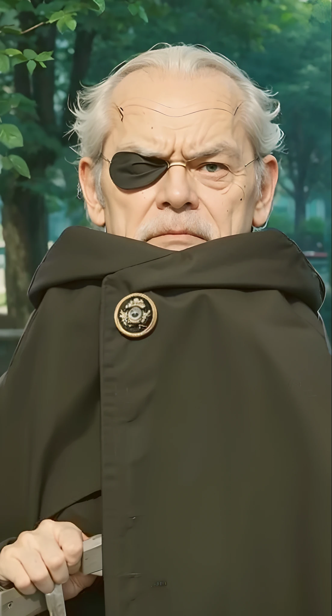 Real life adaption of this character,old man face, angry expression,realistic same hair,(realistic same outfit), realistic background, hyper realistic, realistic light, realistic shadow, realism,(photorealistic:1.2), looking to viewer, Wearing an eye patch like a pirate, without moustache