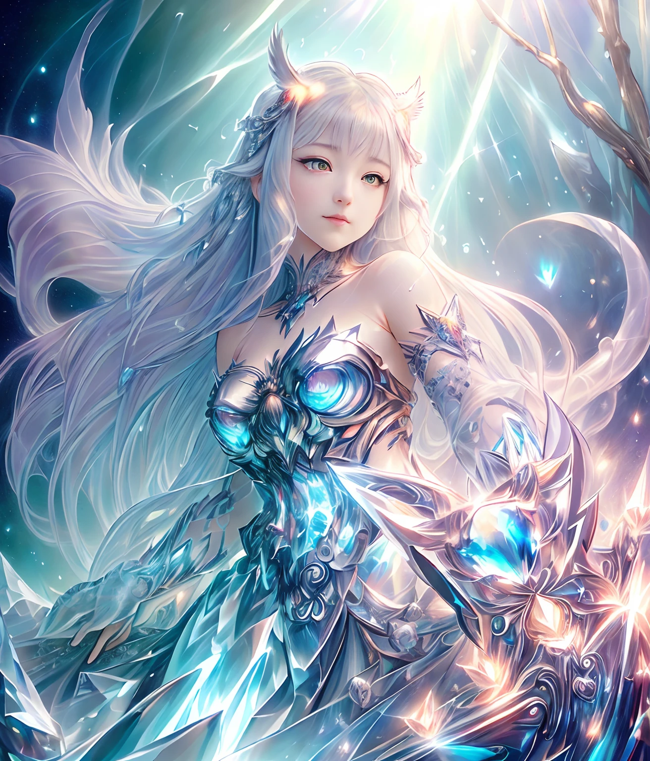 The appearance of an owl, Realistic, vector, Full body mosaic metal crystal decoration, glowing neon eyes, White eye hair covered with crystal charm, Fantasy, Sunlight, Sunlight, Intricate details. 8K, Dreamy, Surreal, Symmetrical, Soft lighting, Popular at art tables, Intricate details, Highly detailed, Unreal Engine, by Ross Tran, wlop, artgerm and james jean, Brian Froud , art illustration:Miho Hirano, Kanani Neimi, Oil on canvas by Aikut Aiddo, heavy brushstrokes, Paint dripping