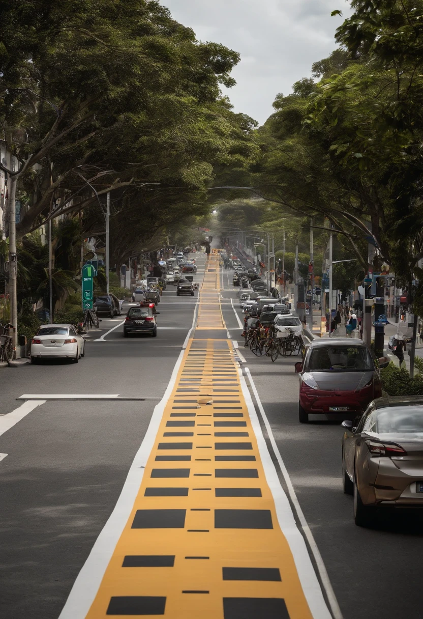 projeto de uma via com Ciclofaixa Central: on the outskirts with slum houses The centerpiece of the project is the 8-meter-wide central bike lane. This bike lane is specially designed to accommodate cyclists, providing a safe and defined space for riding. Ground markings and clear signage will ensure the safety and fluidity of bicycle traffic.
Ciclovias Laterais: To the left and right of the center bike lane, There are the side bike lanes, cada uma com 3 metros de largura. These bike lanes are designed to accommodate cyclists who want to maintain different paces than the center bike lane. The inclusion of side bike lanes offers flexibility to cyclists and increases safety.
Landscaped Sidewalks: Four meters of sidewalk on both sides of the road provide a welcoming environment for pedestrians. These sidewalks aren't just functional, but also include areas for landscaping, bancos, Light poles and trees, Creating Pleasant Outdoor Spaces for Walks, encontros e relaxamento.
Faixas de Estacionamento: To meet parking needs, We've added parking lanes about 2 meters wide between the side bike lanes and the sidewalks. This ensures that there is convenient space for vehicles to park.
Traffic Lanes for Vehicles: Traffic lanes for vehicles with 3,5 meters wide are positioned on the sides of the track, entre as faixas de estacionamento e as ciclovias. This allows for the efficient flow of vehicular traffic, Maintaining security and fluidity.
Proper Signage: Appropriate signage, including road signs, Floor markings and other visual elements, will be installed along the road to guide traffic and ensure the safety of cyclists and pedestrians.