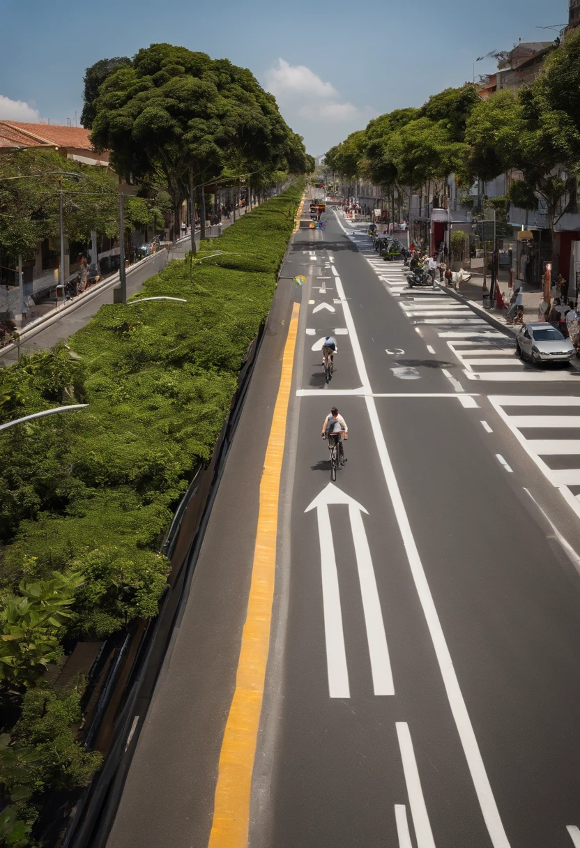 projeto de uma via com Ciclofaixa Central: on the outskirts with slum houses The centerpiece of the project is the 8-meter-wide central bike lane. This bike lane is specially designed to accommodate cyclists, providing a safe and defined space for riding. Ground markings and clear signage will ensure the safety and fluidity of bicycle traffic.
Ciclovias Laterais: To the left and right of the center bike lane, There are the side bike lanes, cada uma com 3 metros de largura. These bike lanes are designed to accommodate cyclists who want to maintain different paces than the center bike lane. The inclusion of side bike lanes offers flexibility to cyclists and increases safety.
Landscaped Sidewalks: Four meters of sidewalk on both sides of the road provide a welcoming environment for pedestrians. These sidewalks aren't just functional, but also include areas for landscaping, bancos, Light poles and trees, Creating Pleasant Outdoor Spaces for Walks, encontros e relaxamento.
Faixas de Estacionamento: To meet parking needs, We've added parking lanes about 2 meters wide between the side bike lanes and the sidewalks. This ensures that there is convenient space for vehicles to park.
Traffic Lanes for Vehicles: Traffic lanes for vehicles with 3,5 meters wide are positioned on the sides of the track, entre as faixas de estacionamento e as ciclovias. This allows for the efficient flow of vehicular traffic, Maintaining security and fluidity.
Proper Signage: Appropriate signage, including road signs, Floor markings and other visual elements, will be installed along the road to guide traffic and ensure the safety of cyclists and pedestrians.