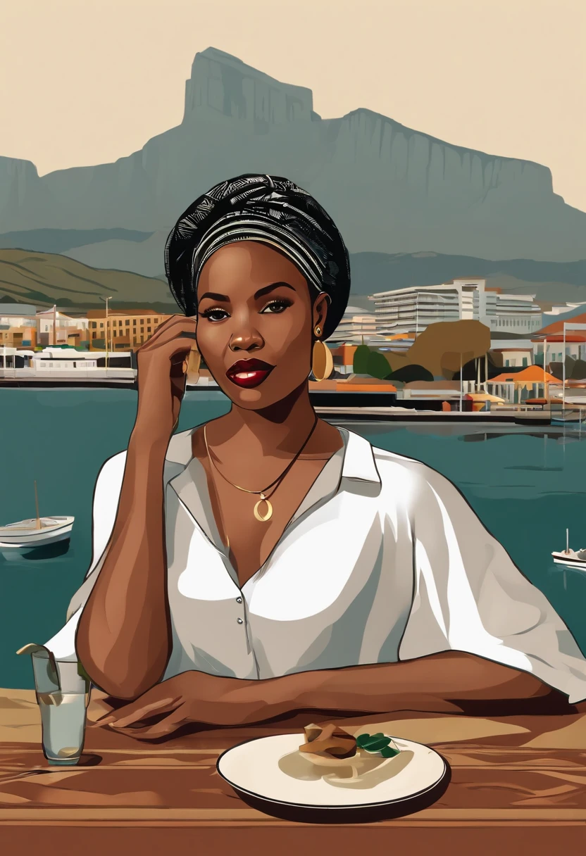 Generate an illustration of a 25-year-old woman of African descent in Cape Town, en Afrique du Sud, with the majestic Table Mountain in the background. She's wearing casual attire for a day of discovery."