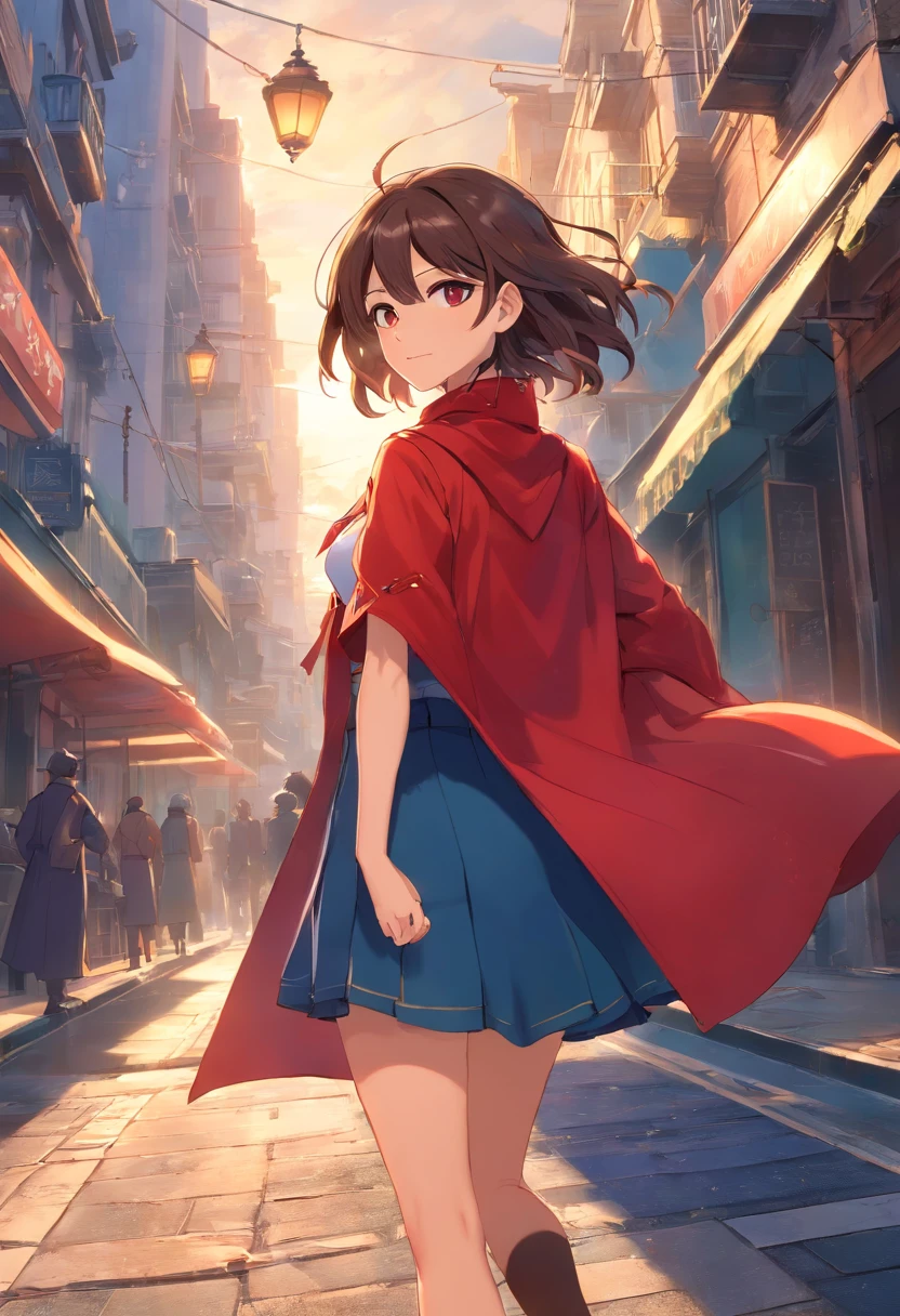 fondo de pantalla CG 8k extremadamente detallado, Obra maestra, La mejor calidad, 插圖,Ultra detallado, best  illustration, Mejor sombra, un extremadamente delicado y hermoso, Luz detallada, linda cara de anime, cinematic camera, Profundidad de campo, 1girl, flotante, brillar, Pelo negro corto, wind lift, Cabello despeinado, hermosos y detallados ojos marrones, Cara detallada, gafas de piloto en la cabeza, Abrigo rojo, pantalones rojos, breasrts medianos, Manos en el bolsillo, blue neckerchief, Mirando al espectador, mangas largas, abrigo rojo, boca cerrada, sonrisa ligera, chaqueta roja, bright day, 26 Years Old, mujer adulta, dynamic background, nariz, labios, Detalles intrincados, expresivo, Pupilas, cinematographic angle, dynamic action pose, Anime detallado, Hyper-Detailed Anime Animation, Armas, piernas, Antecedentes detallados, steampunk, Victorian Gothic London, Fondo de la calle lateral, aristocrat, aristocratic, afuera, bolsa, cielo nublado, Ciudad en la distancia, Edificios distantes, Londres, puesta del sol, farolas, dirigibles en el cielo, Coches en la distancia, Nivel de calle, diente, niebla