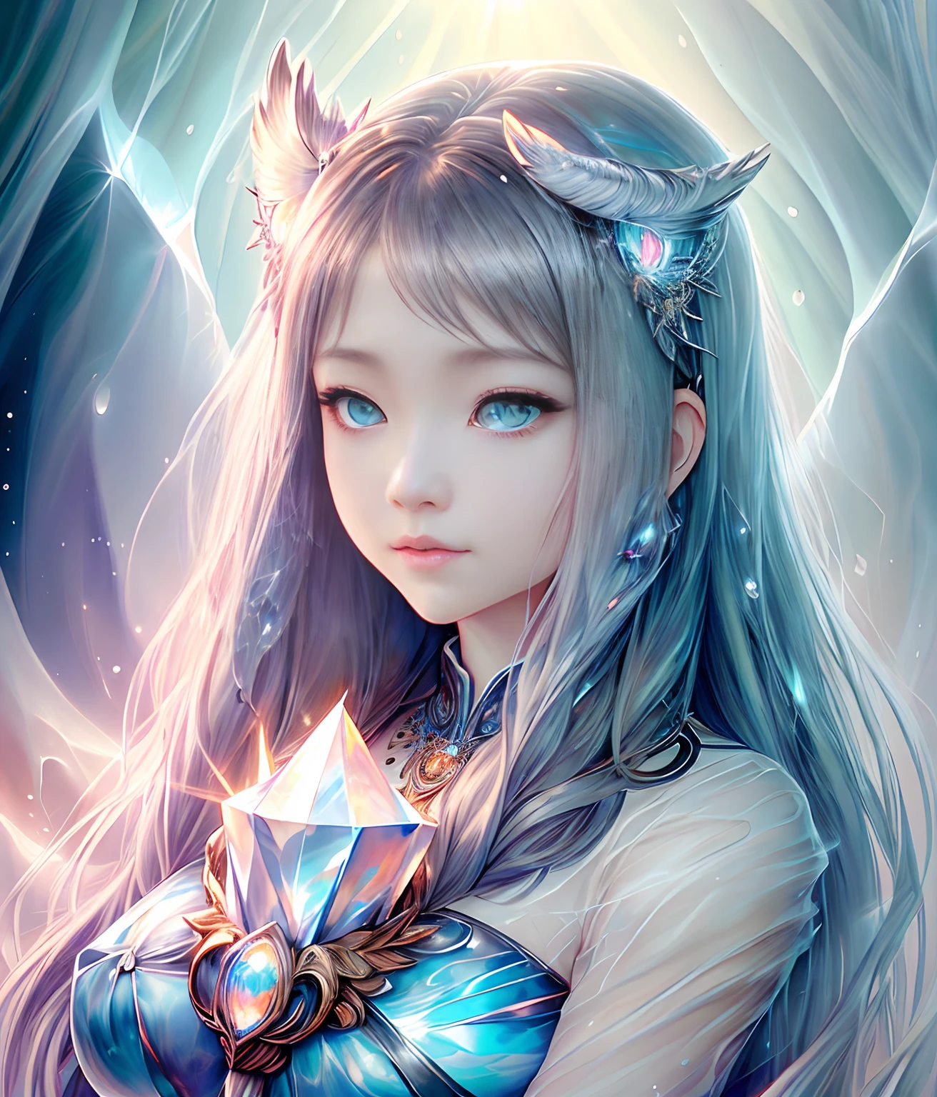 The appearance of an owl, Realistic, vector, Full body mosaic metal crystal decoration, glowing neon eyes, White eye hair covered with crystal charm, Fantasy, Sunlight, Sunlight, Intricate details. 8K, Dreamy, Surreal, Symmetrical, Soft lighting, Popular at art tables, Intricate details, Highly detailed, Unreal Engine, by Ross Tran, wlop, artgerm and james jean, Brian Froud , art illustration:Miho Hirano, Kanani Neimi, Oil on canvas by Aikut Aiddo, heavy brushstrokes, Paint dripping