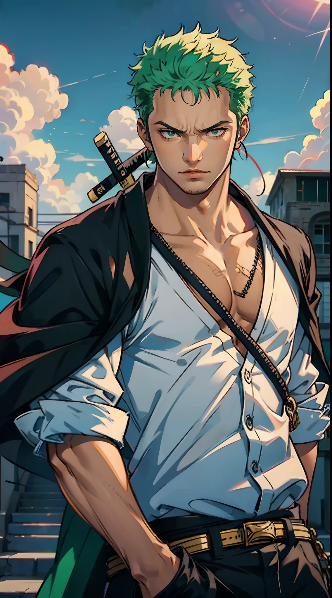 (4k quality),Roronoa Zoro, 1 boy, ruins, mature men, samurai