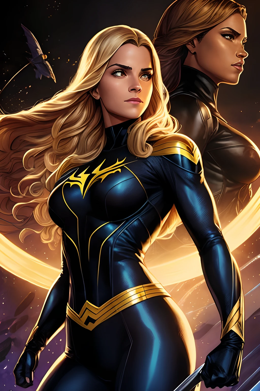 uma mulher em um traje preto e amarelo sobrevoando uma cidade, black canary, Directed by: Ryan Stegman, personagem de quadrinhos, emma watson as black canary, Filipe Jimenez, invisible woman, Maika Monroe Batgirl, Directed by: Jose Comas Quesada, Mulher-Aranha!!!!!, Chris Moore. Artgerm, betty cooper, ( ( Mulher-Aranha ) ), Directed by: Greg Staples