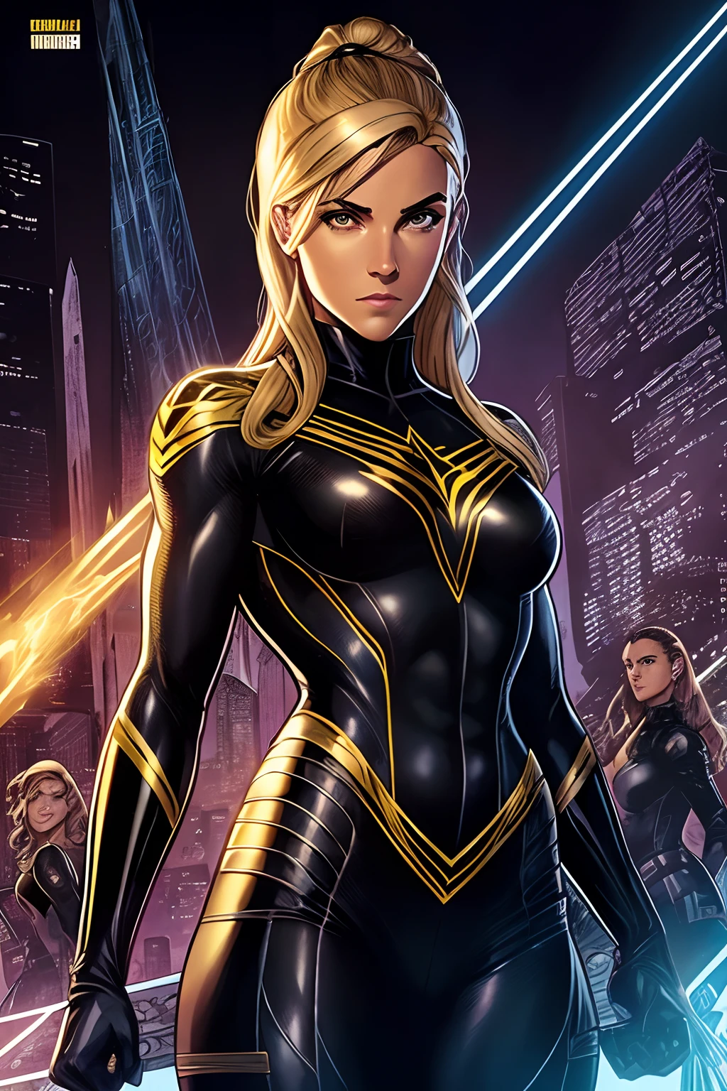 uma mulher em um traje preto e amarelo sobrevoando uma cidade, black canary, Directed by: Ryan Stegman, personagem de quadrinhos, emma watson as black canary, Filipe Jimenez, invisible woman, Maika Monroe Batgirl, Directed by: Jose Comas Quesada, Mulher-Aranha!!!!!, Chris Moore. Artgerm, betty cooper, ( ( Mulher-Aranha ) ), Directed by: Greg Staples