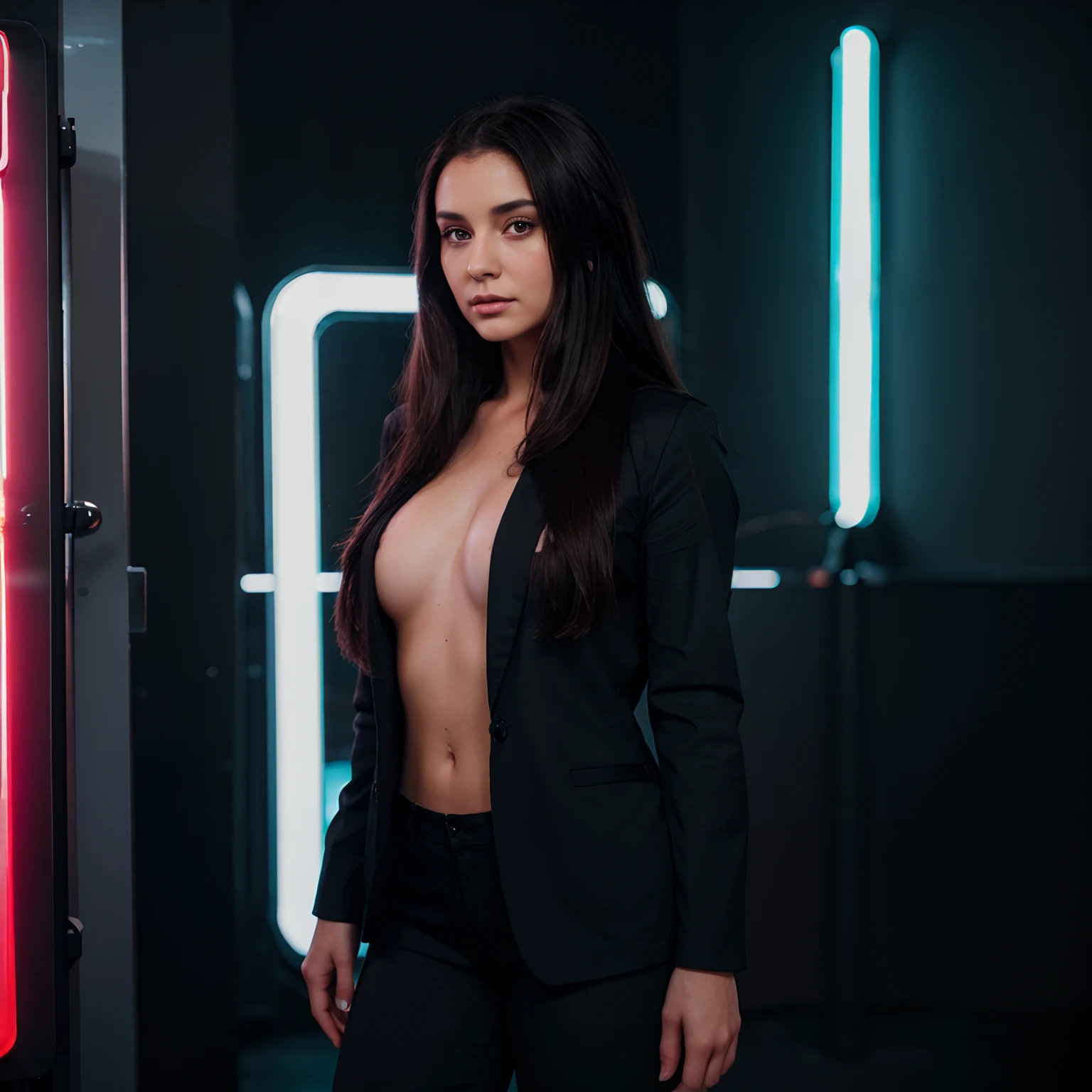 Beautiful woman 30 years old, with long dark hair, Painted in ombre style, Anthracite style, Gradient, uhd image, flickr. looks at the viewer. Mystic Side Lighting, Studio. A contradictory world, neonlight, UPON, Neon signs in the background, business suit