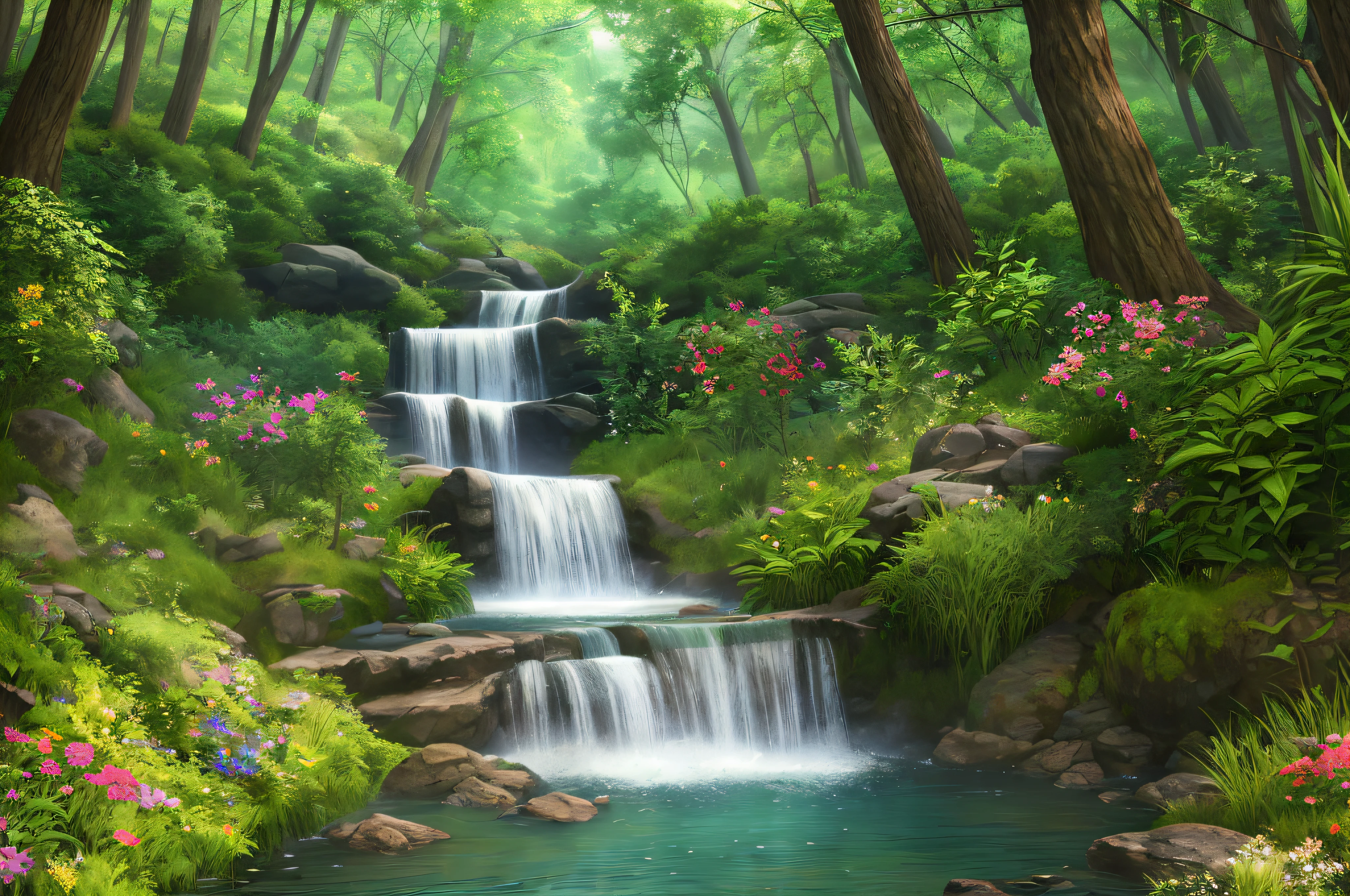 (((masterpiece))), top-quality,ultra-detailliert (extremely detailed CG unity 8k), (top-quality), (The best illustrations), (Best Shadows), Shining waterfalls, Mysterious lake、natta、Forest theme, mystical forest, beautiful forest, naturey,A deer is coming to drink water、fawn、 Delicate leaves and branches surrounded by flowers(nature elements), (Firefly Light), (Particle effect), 3D,Rendering Effects --auto --s2