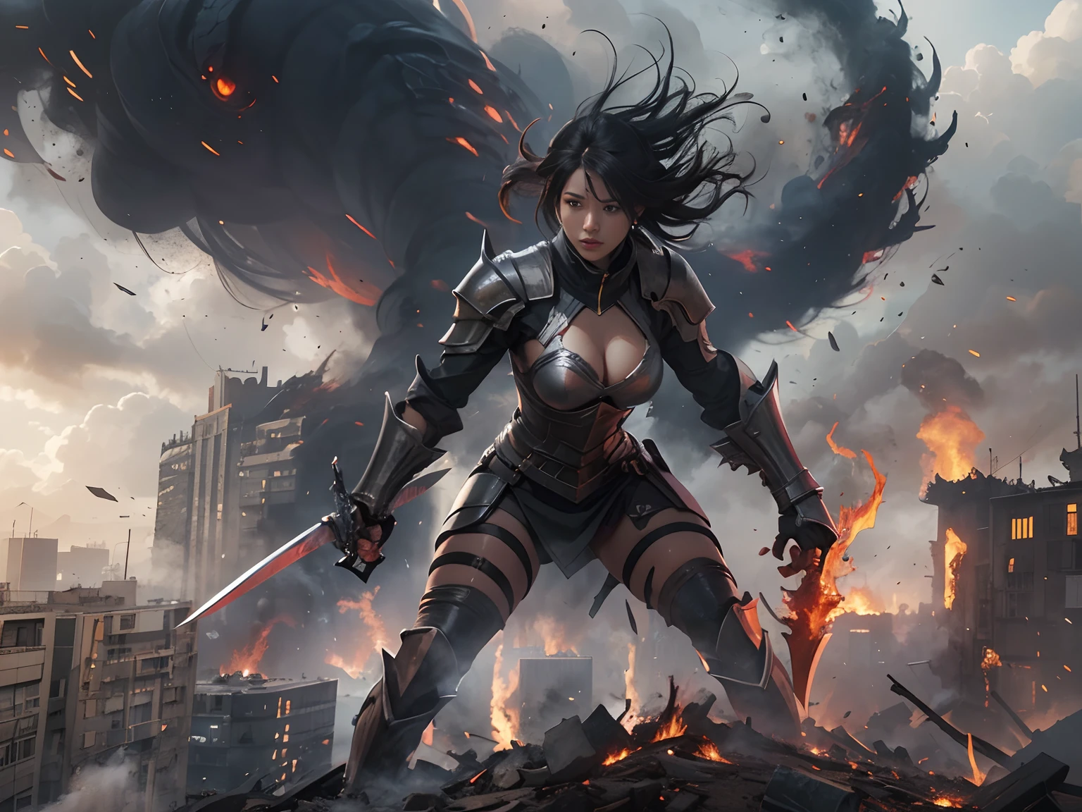 Photo of a female hero in shining armor, Fight giant monsters made of thick black smoke, Set in a cityscape with fiery buildings, Some collapsed, And the sky was filled with thick smoke. Stabbing the Monster