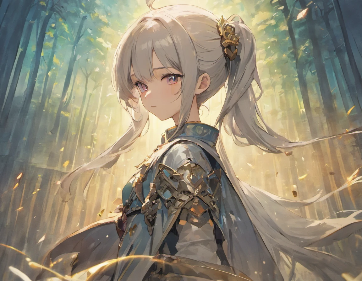 Ins style, Harajuku style, a pretty girl looking forward, light gray hair, a ponytail behind her hair and two falls in front of her face, she has a braid on the left side falling, she is wearing silver medieval armor, He wears a white bow, a background of a beautiful magical forest, red eyes, Full body front design.