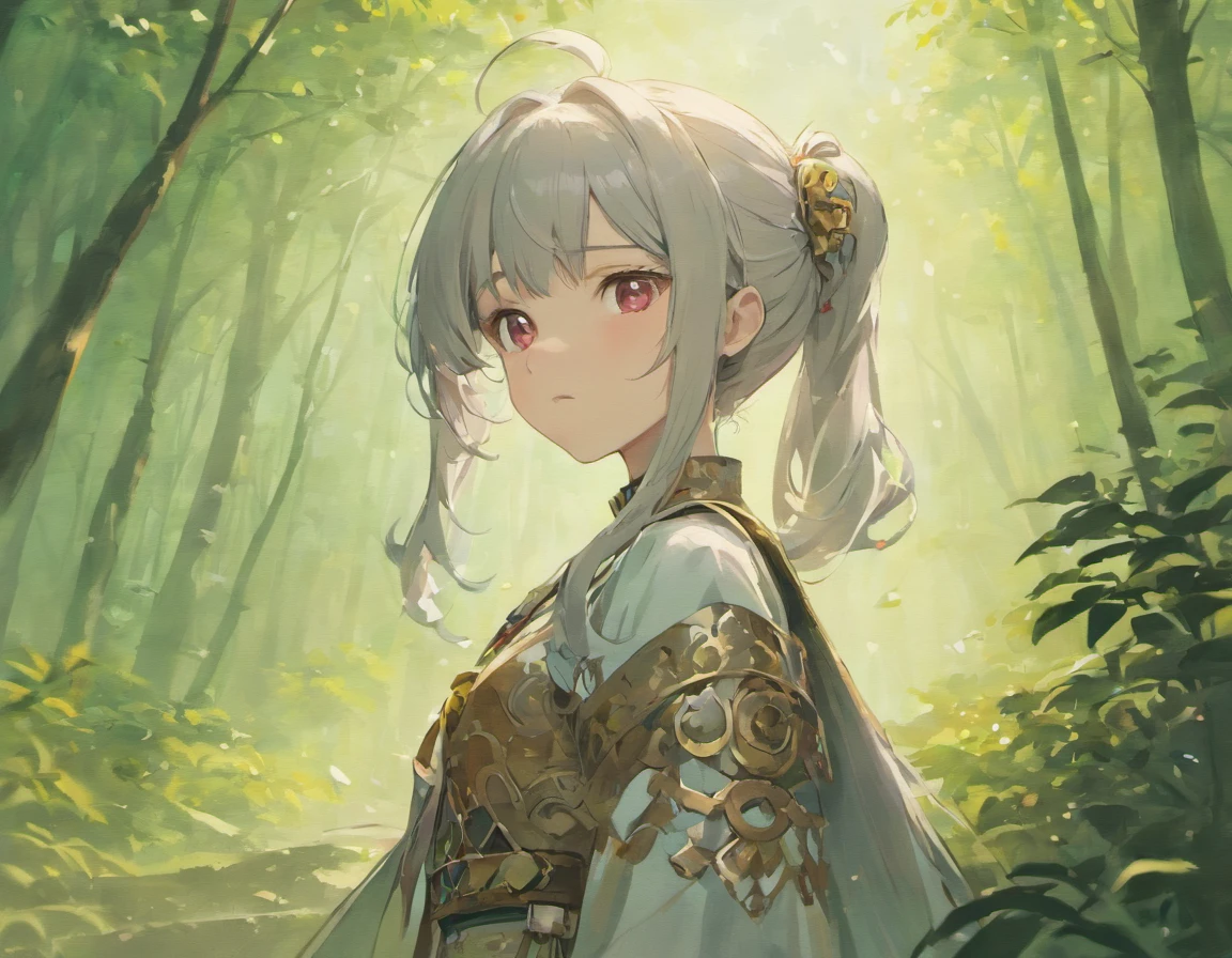 Ins style, Harajuku style, a pretty girl looking forward, light gray hair, a ponytail behind her hair and two falls in front of her face, she has a braid on the left side falling, she is wearing silver medieval armor, He wears a white bow, a background of a beautiful magical forest, red eyes, Full body front design.