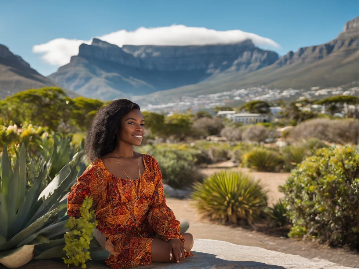 Generate an illustration of a 25-year-old woman of African descent in Cape Town, en Afrique du Sud, with the majestic Table Mountain in the background. She's wearing casual attire for a day of discovery.