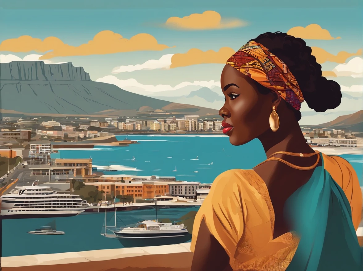 Generate an illustration of a 25-year-old woman of African descent in Cape Town, en Afrique du Sud, with the majestic Table Mountain in the background. She's wearing casual attire for a day of discovery.