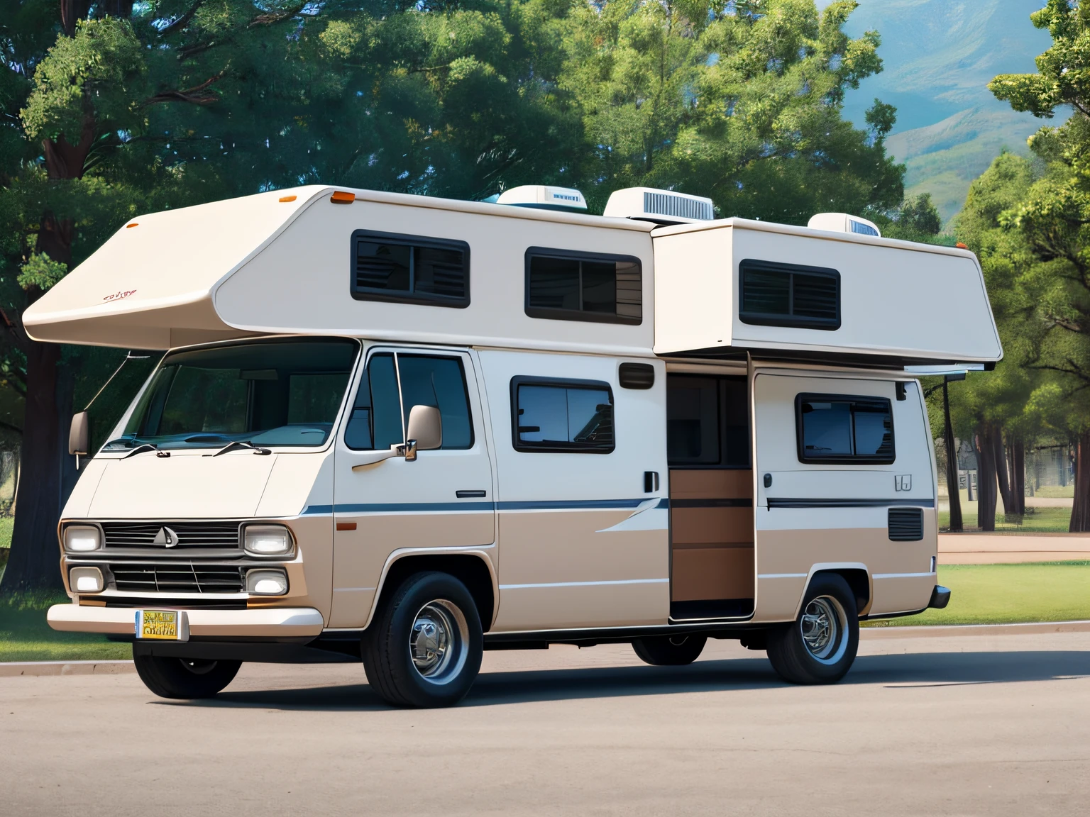 An RV，Campervan，4K Ultra HD, 超高分辨率, (Photorealistic: 1.4), Best quality，Masterpiece，（pastel colour：1.2）