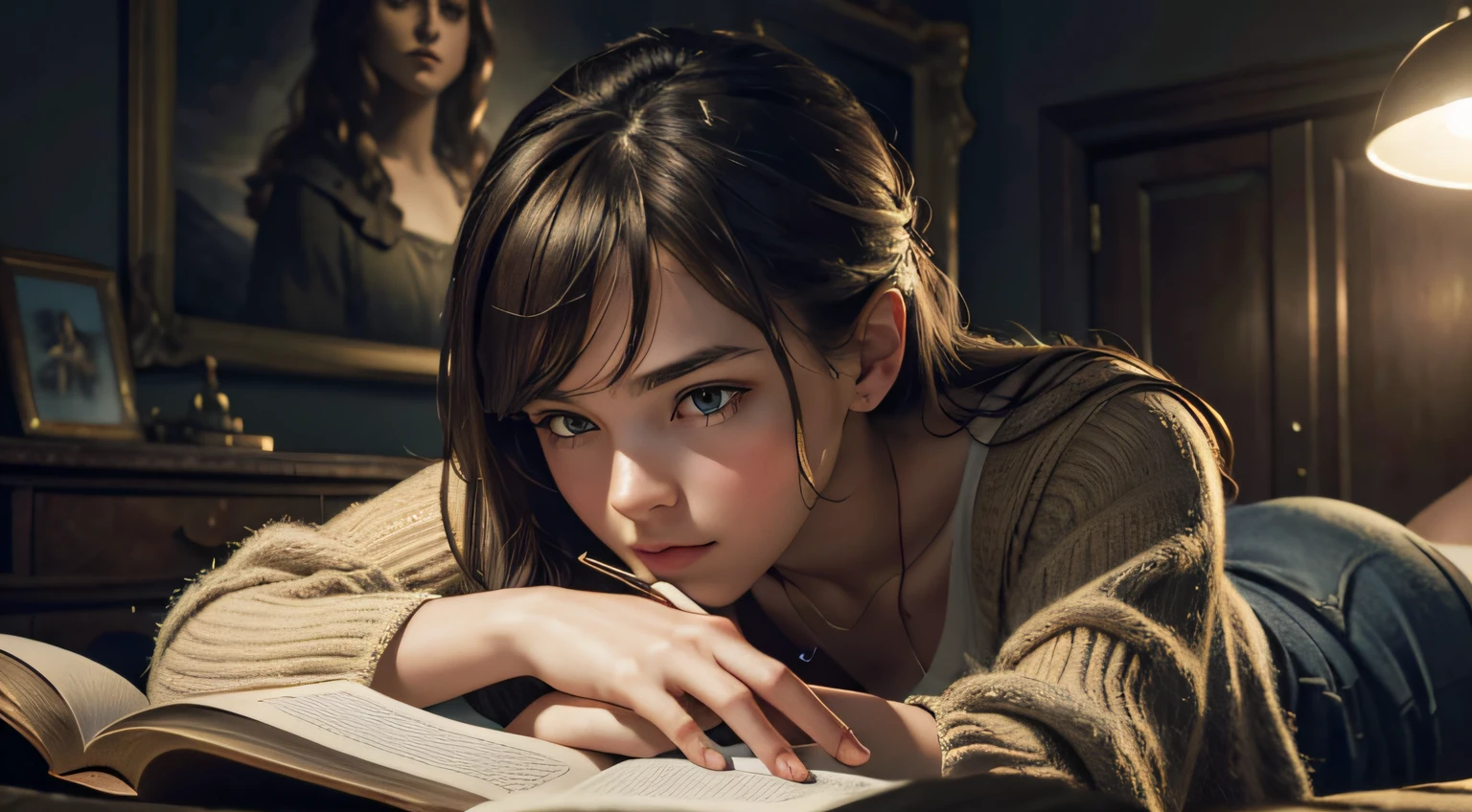 A YOUNG LADY READING A BOOK WITH INTERESTED LOOK,  ((masterpiece)), ((best quality))), ((ultra-detailed)), UHD, 8K, ((high resolution))), ((illustration)), ((realistic)),