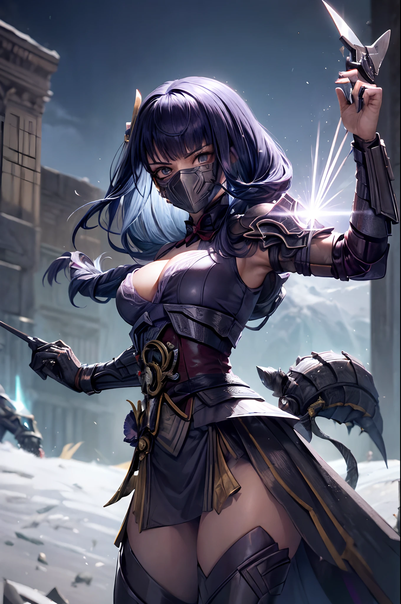 obra-prima, melhor qualidade, (cabelo longo), (Mulher vestindo armadura completa do Depredador do filme), corpo completo detalhado, (olhos detalhados), (She's using long, sharp blades of her hand like a predator), (Full Plasma Cannon worn on the left shoulder as the Predator), (She wears a full mask of Predator Bio-mask that is covering her face), qualidade 16k, Kinematic, sombras no corpo, (ruins), Full scenario, (pose de batalha dinamica), todo anatomicamente correto e detalhado, (Ela usa uma mascara do Depredador completa e detalhada)