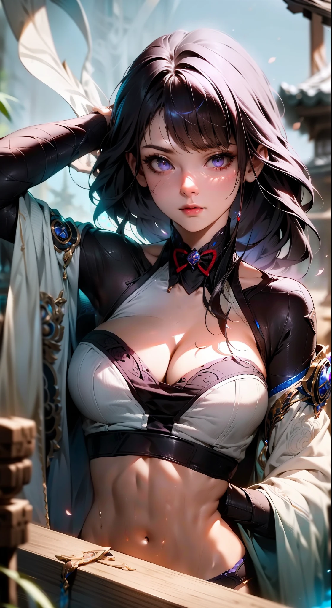 Goddess, character from game genshin_impact, light tray, (masterpiece, best quality:1.2), 8k, insane details, intricate details, hyperdetailed, hyper quality, high detail, ultra detailed, professional, HDR, realistic, ray tracing reflection, 1girl, goddess, cinematic lighting, ornate, ornament, show abs, show legs, sexy