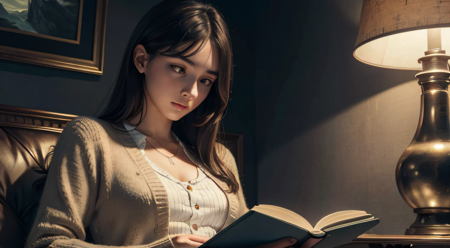 A YOUNG LADY READING A BOOK WITH INTERESTED LOOK,  ((masterpiece)), ((best quality))), ((ultra-detailed)), UHD, 8K, ((high resolution))), ((illustration)), ((realistic)),