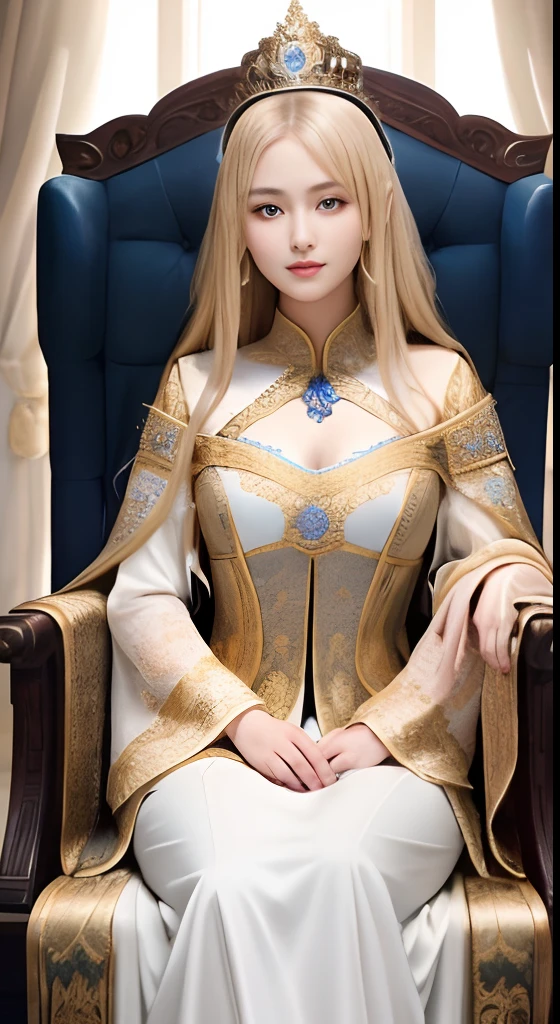 (masutepiece, Best Quality: 1.4), in 8K,Raw photo,Real person,Photorealistic, (full_Body:1.5), Bright natural light, Glossy skin, Detailed skin, Detailed face, Detailed eyes, Perfect beautiful hands, Detailed fingers, beautifully detailed eyes, Perfect eyes, Seductive eyes,A charming smile、 beautiful Girl、Girl with sexy body, Medieval emperors、Medieval emperor dress with luxurious decoration(Intricate details of the dress)、Sitting cross-legged in a luxurious emperor's chair、Blonde long-haired