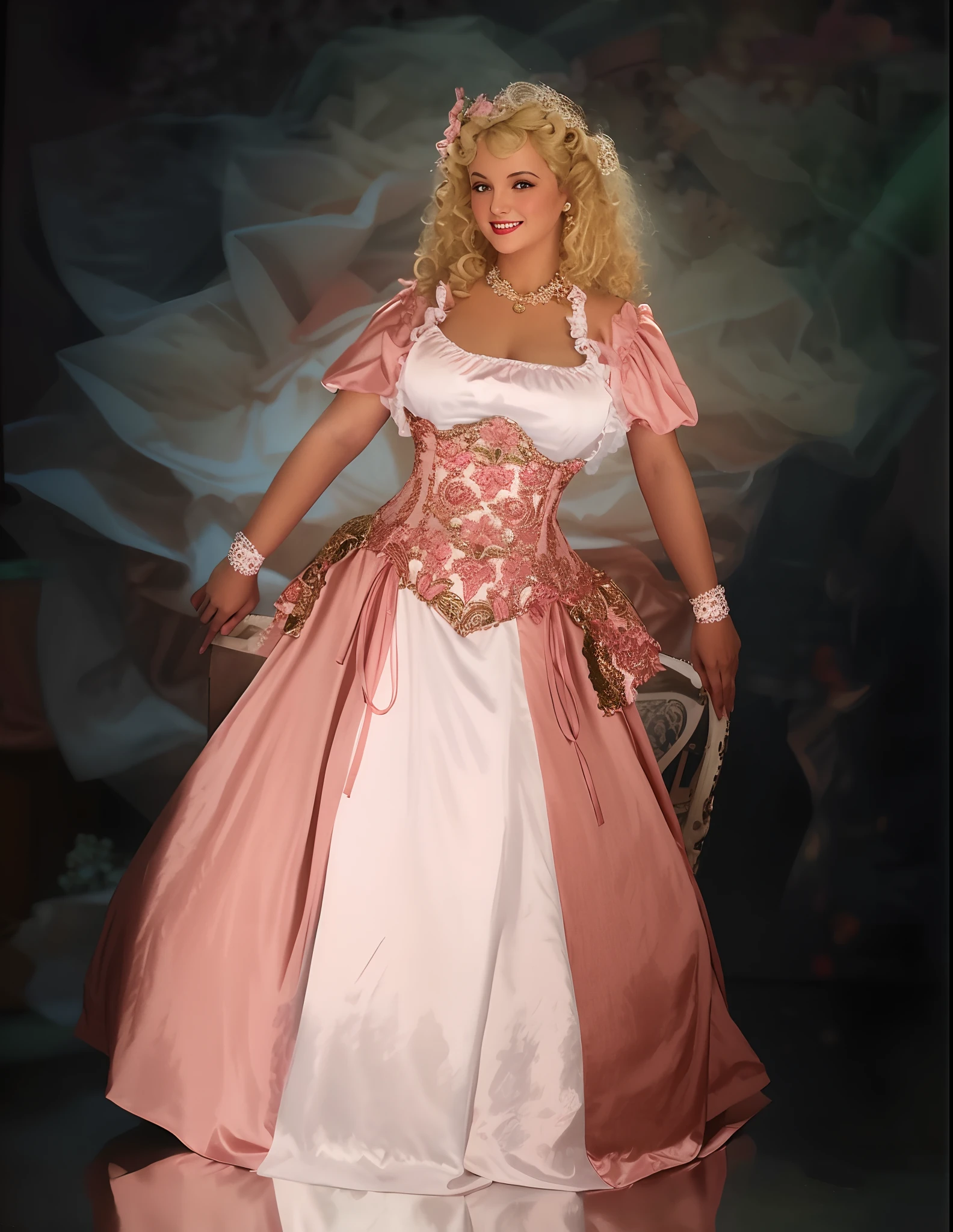 blond woman in a pink and white dress posing for a picture, baroque very curly hair, extremely full dress with petticoat, external corseted waist, wearing a pink ballroom gown, rococo queen, rococo dress, beautiful costume, in a high renaissance style, victorian style costume, dress in the style of rococo, high quality theatre costume, full costume, in costume, baroque dress