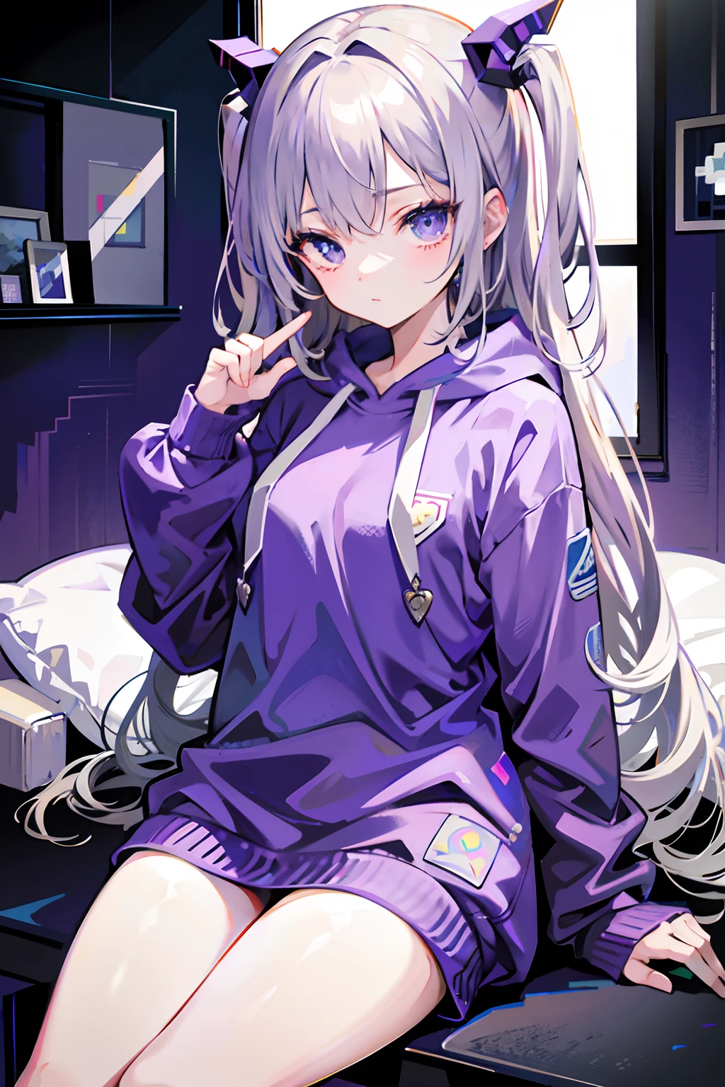 （tmasterpiece，top Quority，best qualtiy），pix，pixelart，1girll，full bodyesbian，purple
and a white sweatshirt，Gray hair。